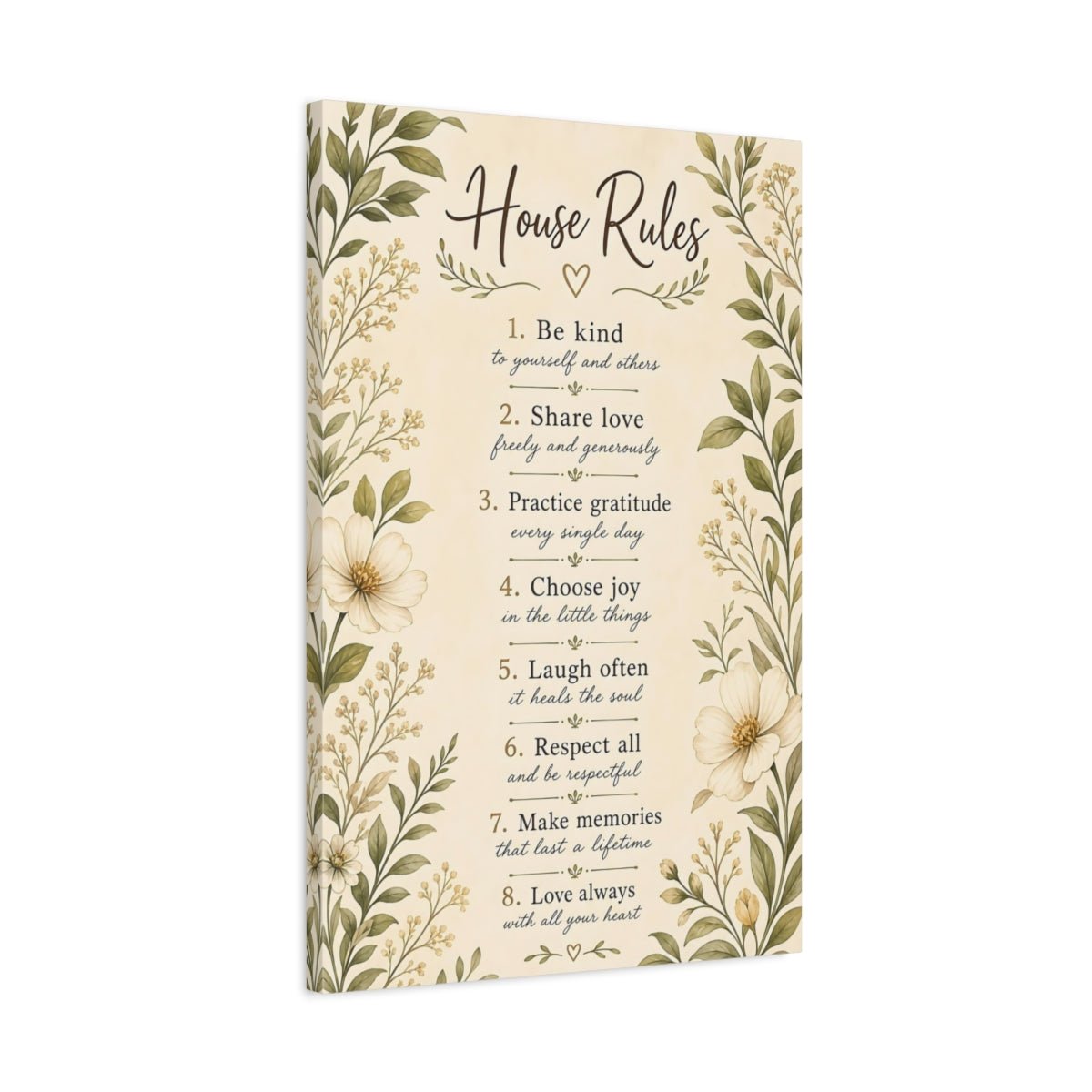 Floral House Rules Inspirational Canvas Print – Rustic Decor for Living Room, Above Sofa - YesArtYes
