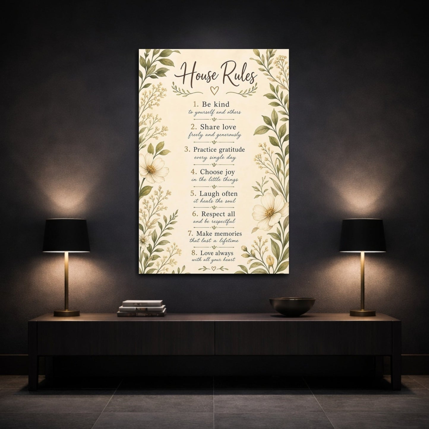 Floral House Rules Inspirational Canvas Print – Rustic Decor for Living Room, Above Sofa - YesArtYes