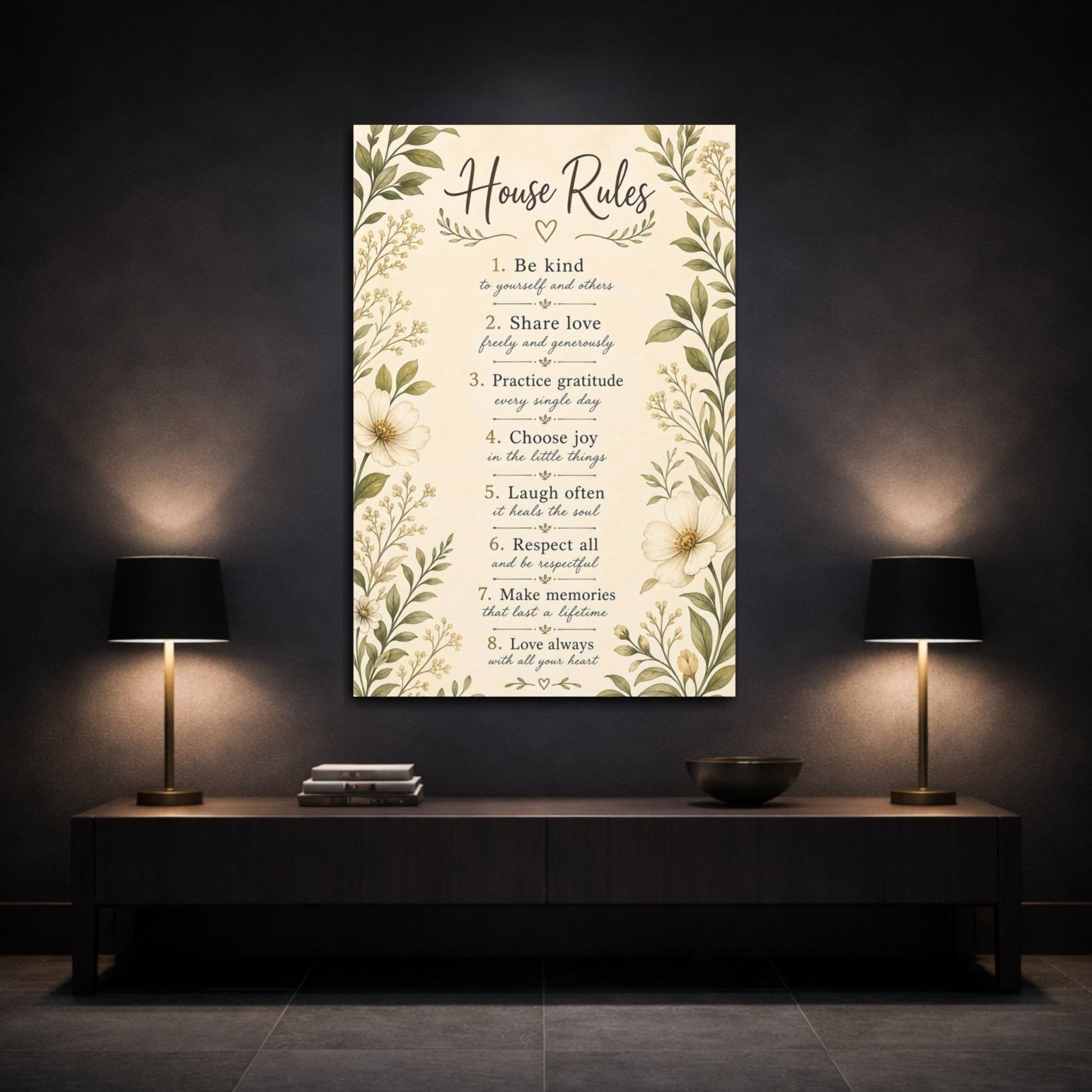 Floral House Rules Inspirational Canvas Print – Rustic Decor for Living Room, Above Sofa - YesArtYes