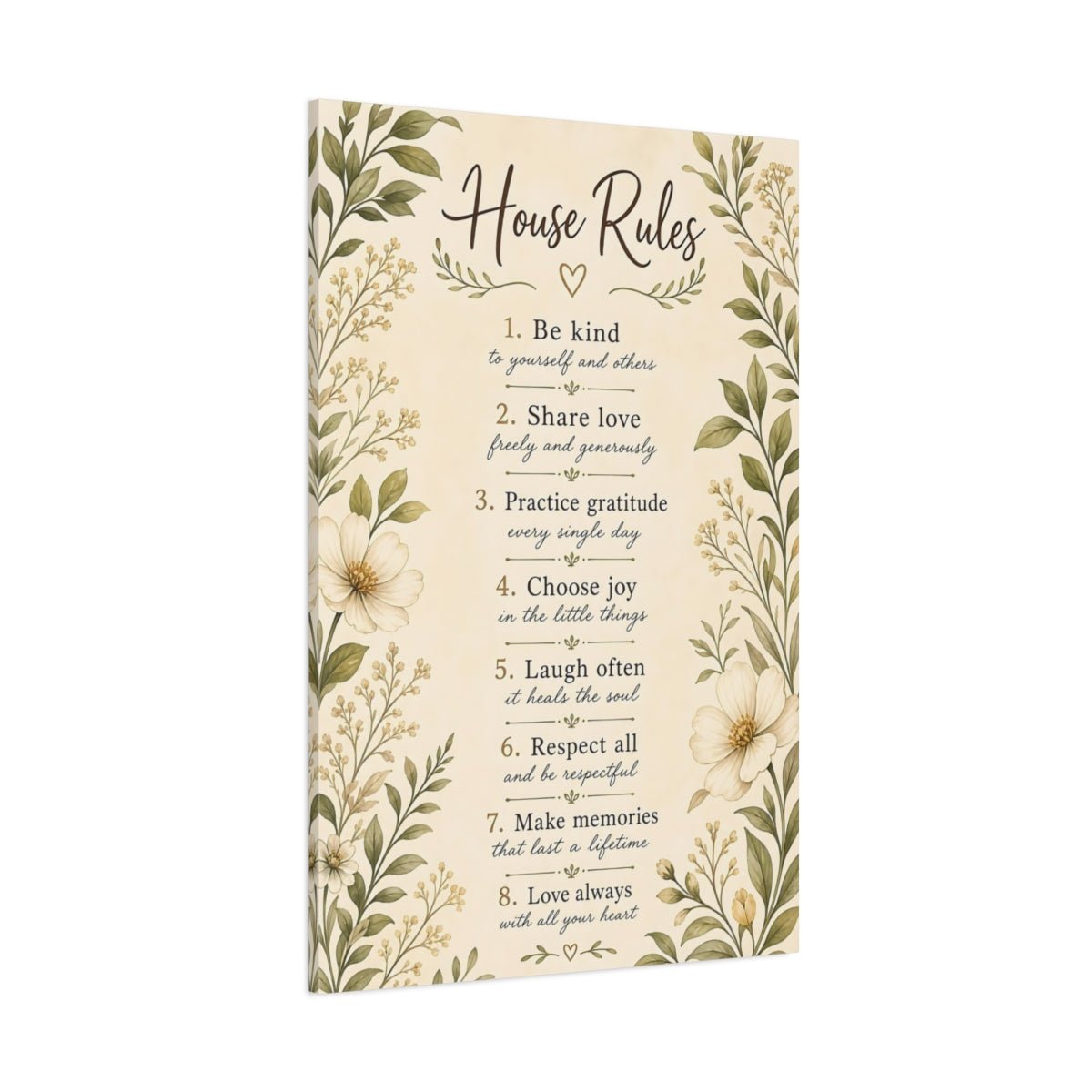 Floral House Rules Inspirational Canvas Print – Rustic Decor for Living Room, Above Sofa - YesArtYes