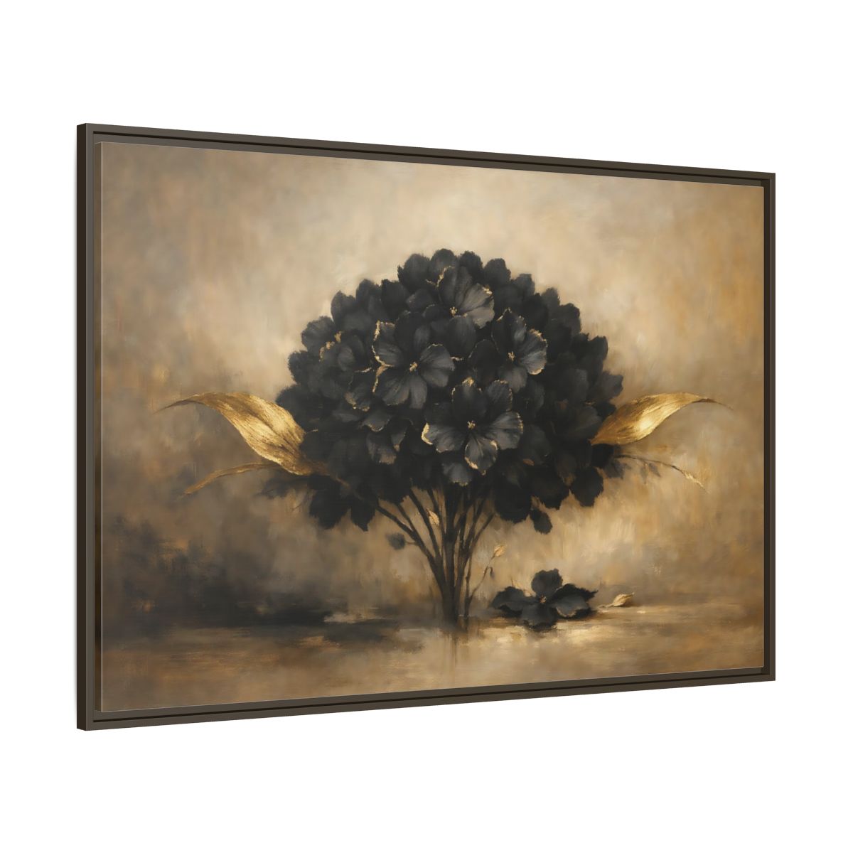 Main Mockup. Floral Hydrangea Black And Gold Floral shown as stretched canvas wall art