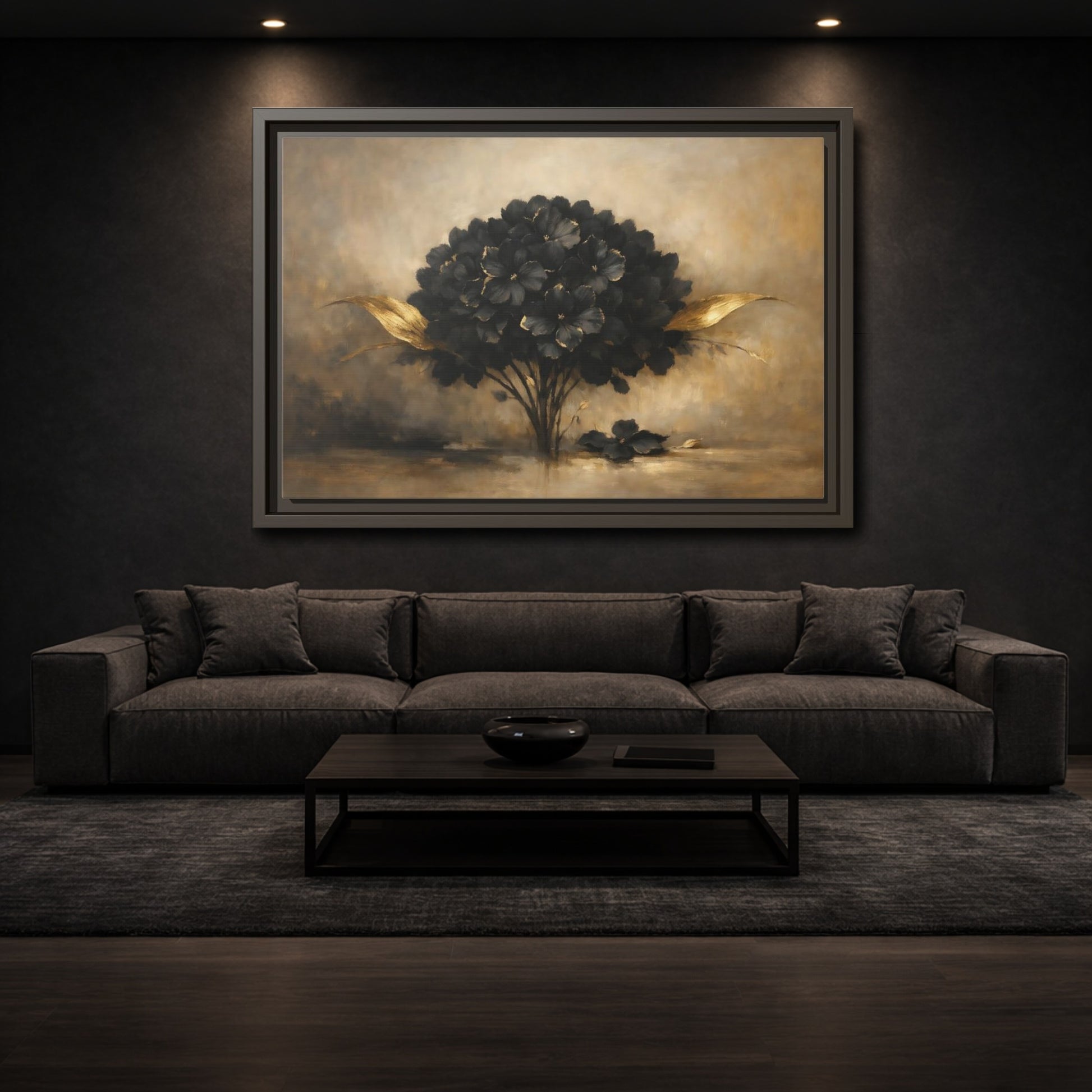 Mockup 2. Floral Hydrangea Black And Gold Floral shown as stretched canvas wall art