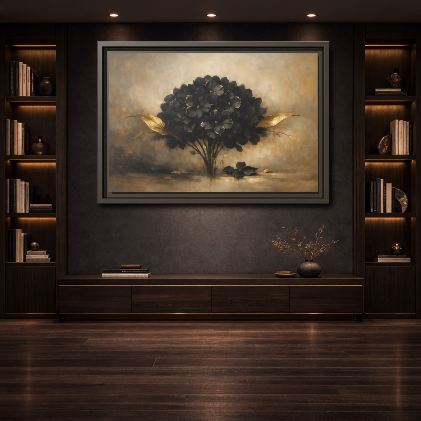 Mockup 3. Floral Hydrangea Black And Gold Floral shown as stretched canvas wall art