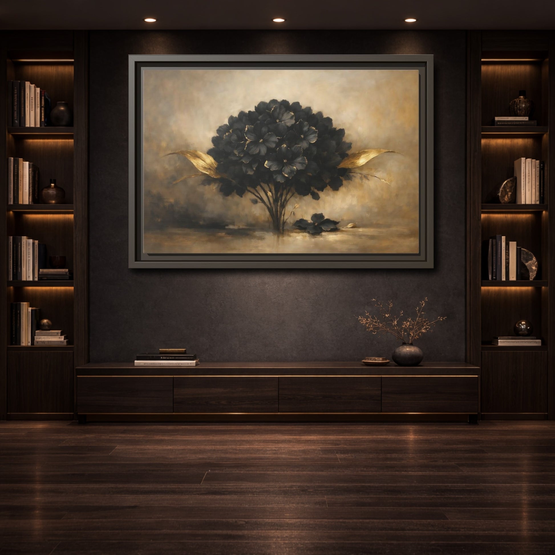 Mockup 3. Floral Hydrangea Black And Gold Floral shown as stretched canvas wall art