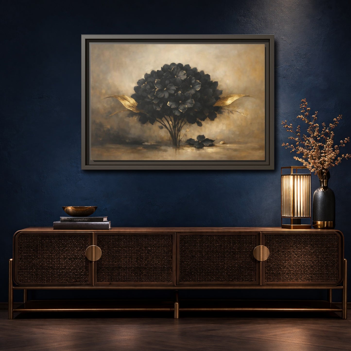 Mockup 4. Floral Hydrangea Black And Gold Floral shown as stretched canvas wall art