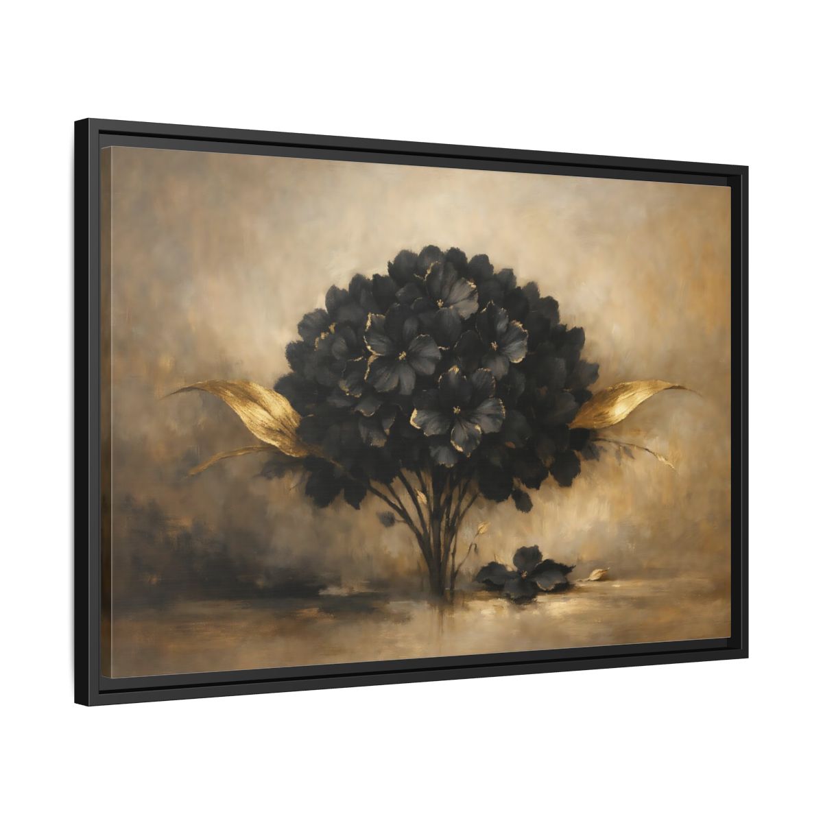 Side Mockup 14. Floral Hydrangea Black And Gold Floral shown as stretched canvas wall art