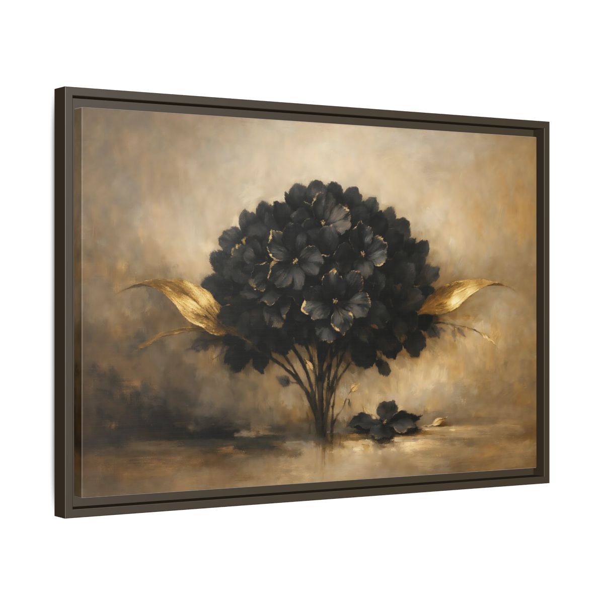 Side Mockup 11. Floral Hydrangea Black And Gold Floral shown as stretched canvas wall art