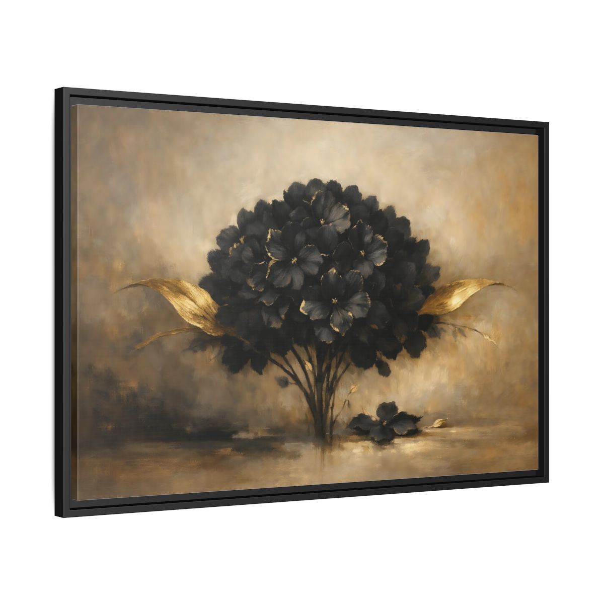 Side Mockup 13. Floral Hydrangea Black And Gold Floral shown as stretched canvas wall art