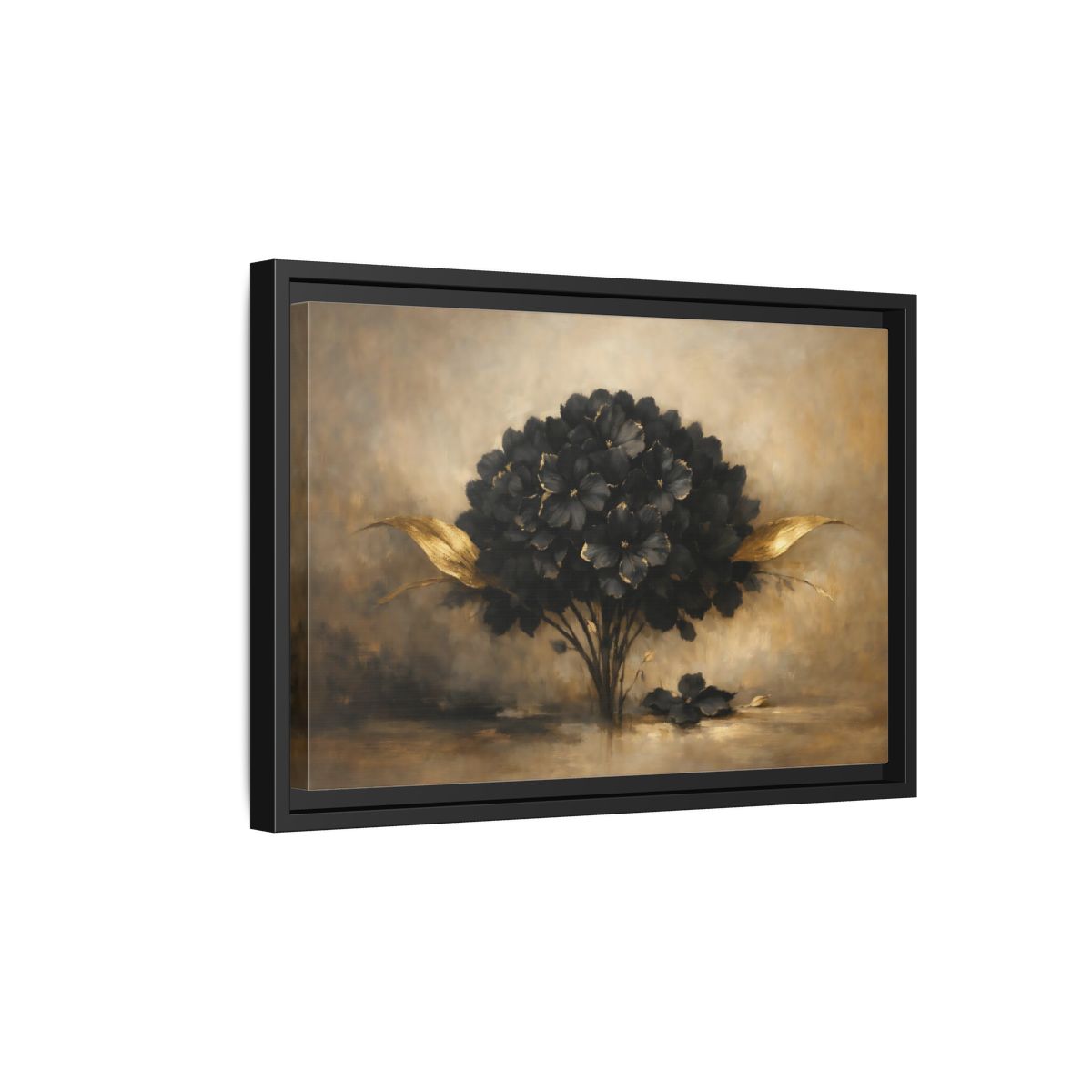 Side Mockup 6. Floral Hydrangea Black And Gold Floral shown as stretched canvas wall art