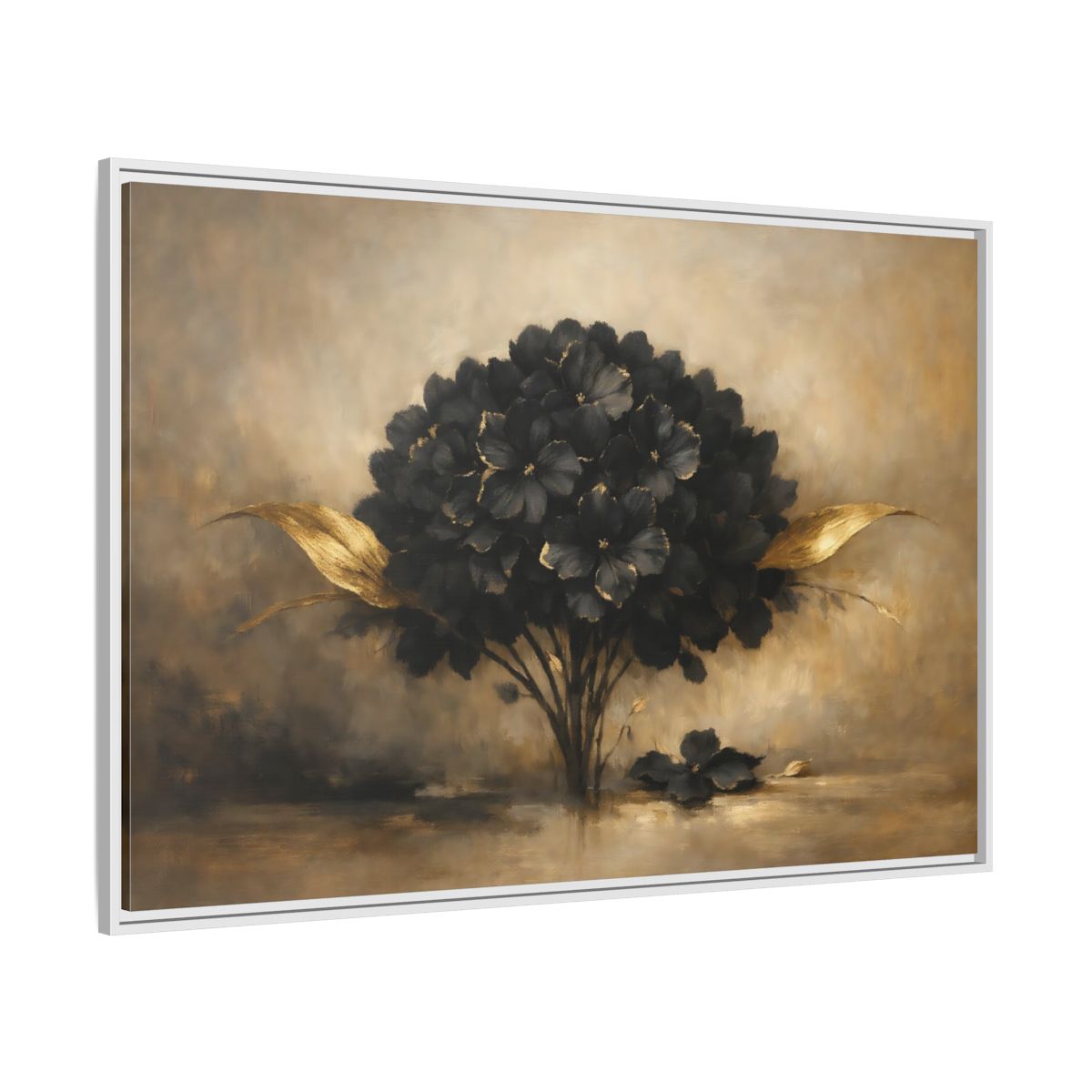 Side Mockup 7. Floral Hydrangea Black And Gold Floral shown as stretched canvas wall art