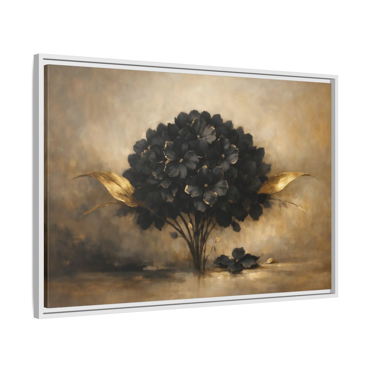 Side Mockup 8. Floral Hydrangea Black And Gold Floral shown as stretched canvas wall art
