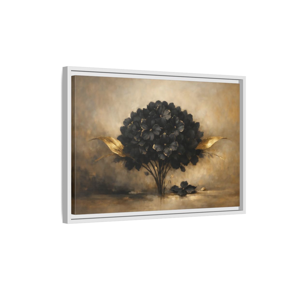 Side Mockup 1. Floral Hydrangea Black And Gold Floral shown as stretched canvas wall art