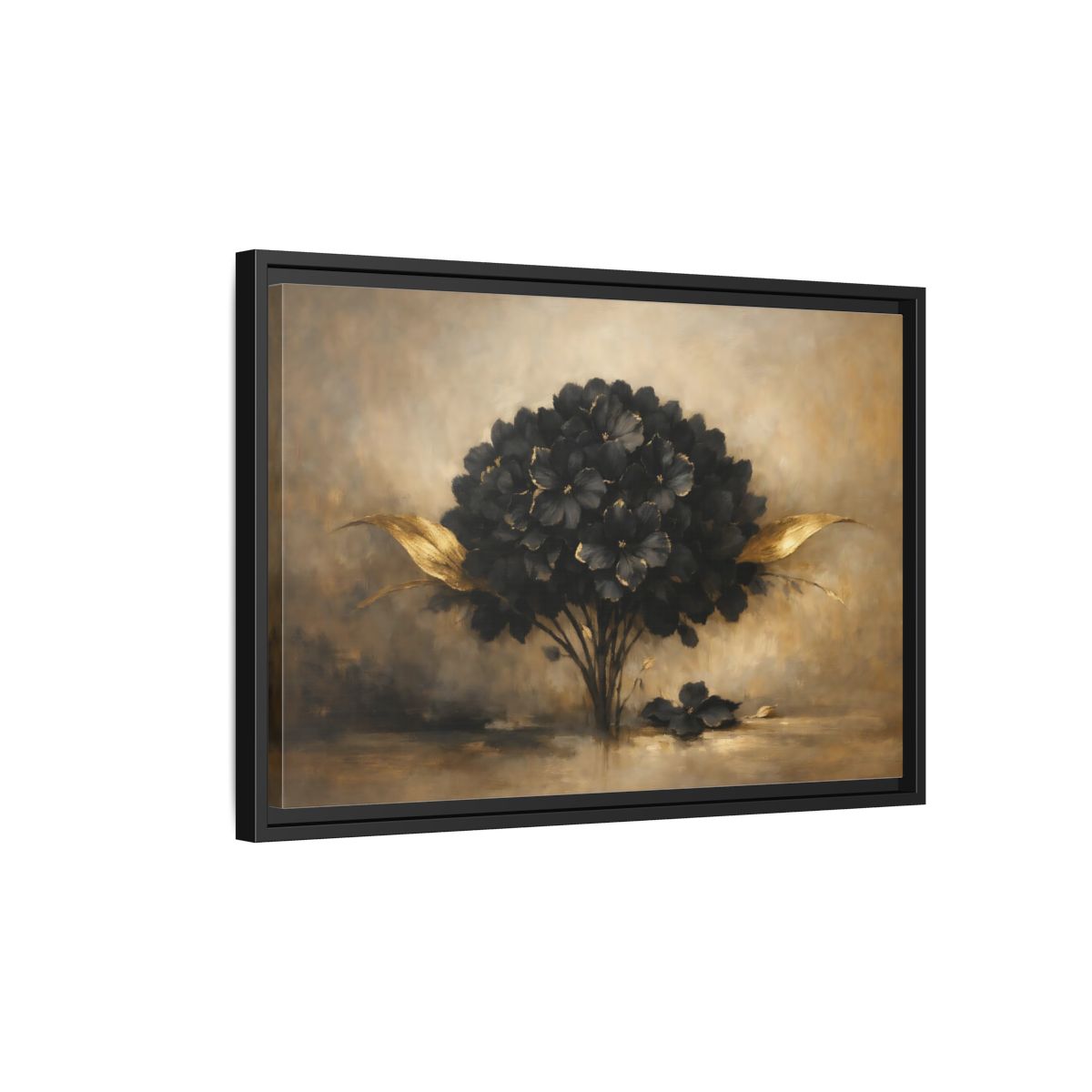 Side Mockup 3. Floral Hydrangea Black And Gold Floral shown as stretched canvas wall art