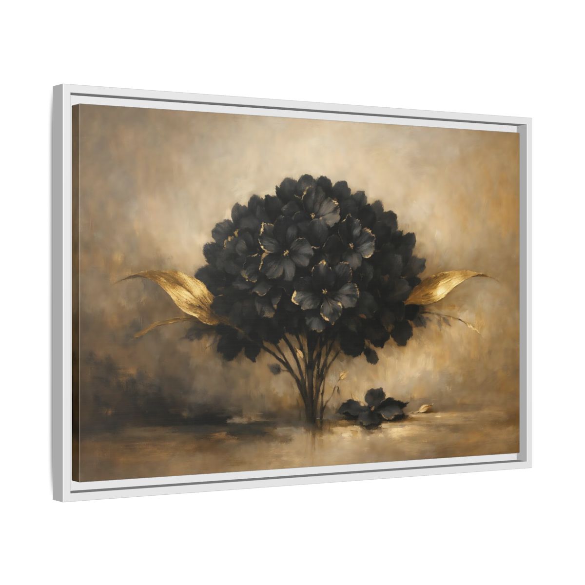 Side Mockup 10. Floral Hydrangea Black And Gold Floral shown as stretched canvas wall art