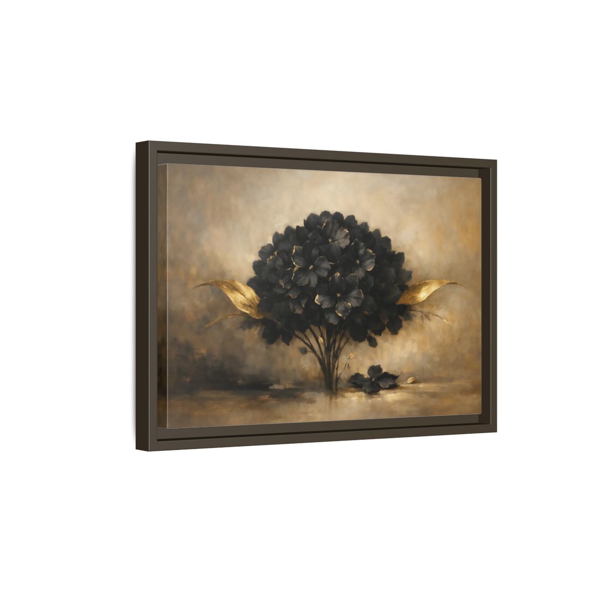 Side Mockup 5. Floral Hydrangea Black And Gold Floral shown as stretched canvas wall art
