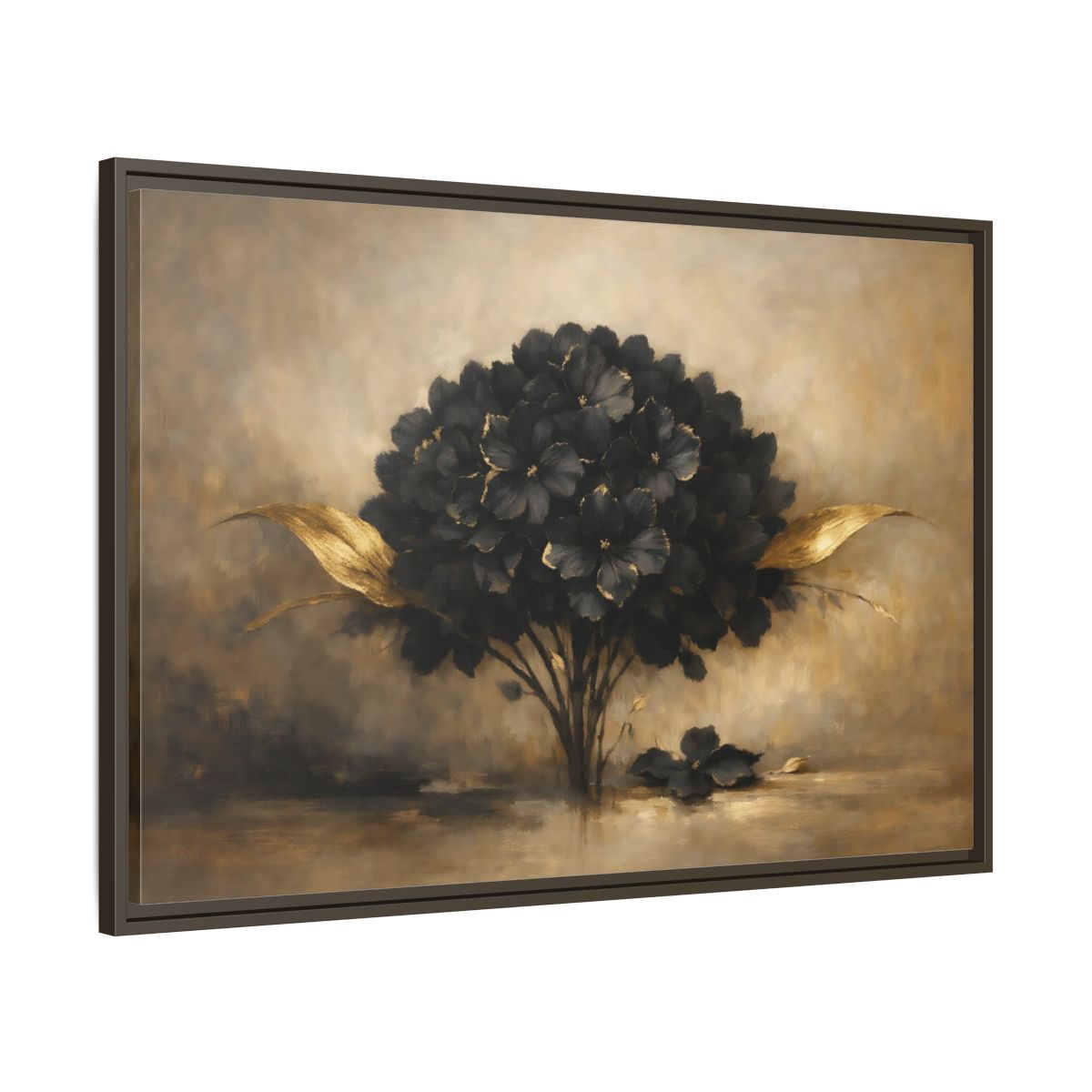 Side Mockup 9. Floral Hydrangea Black And Gold Floral shown as stretched canvas wall art