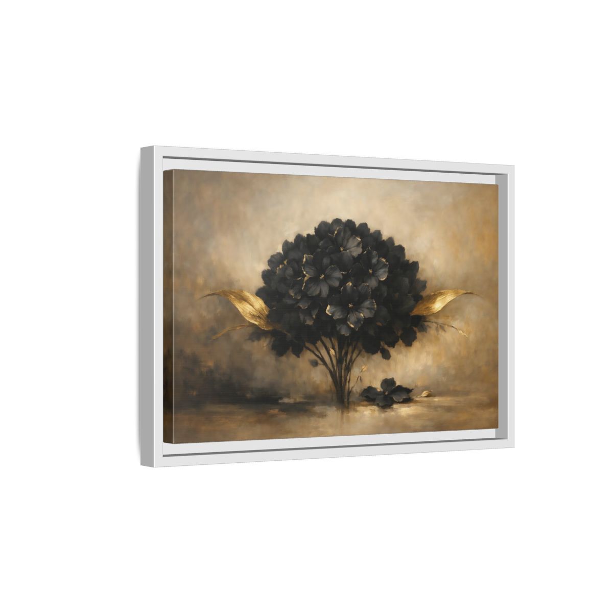 Side Mockup 4. Floral Hydrangea Black And Gold Floral shown as stretched canvas wall art
