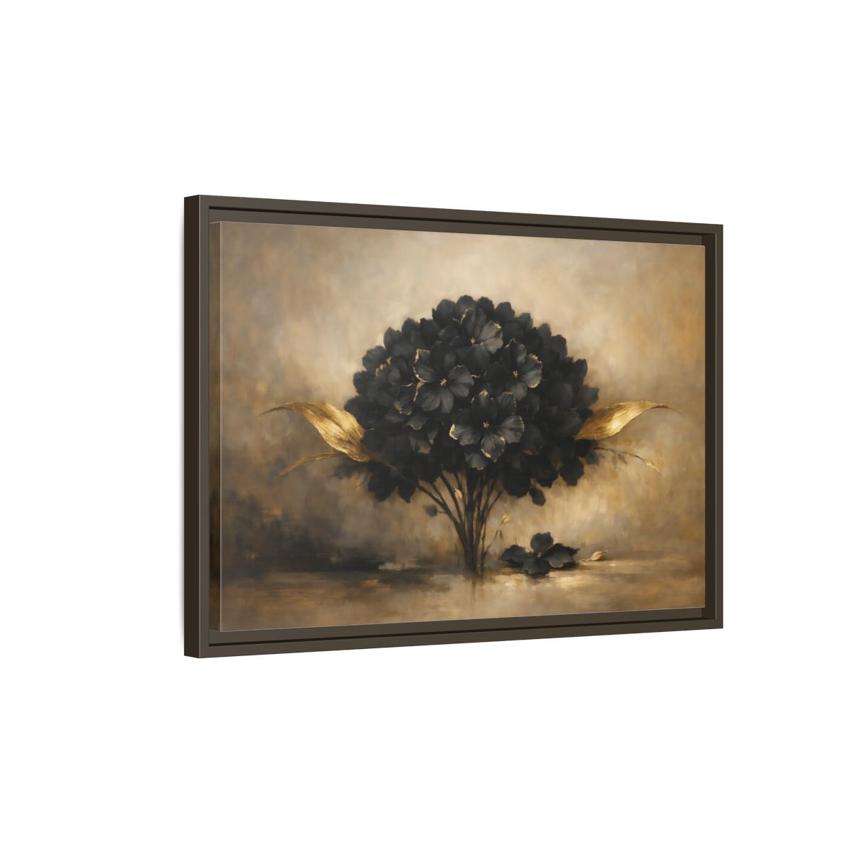 Side Mockup 2. Floral Hydrangea Black And Gold Floral shown as stretched canvas wall art