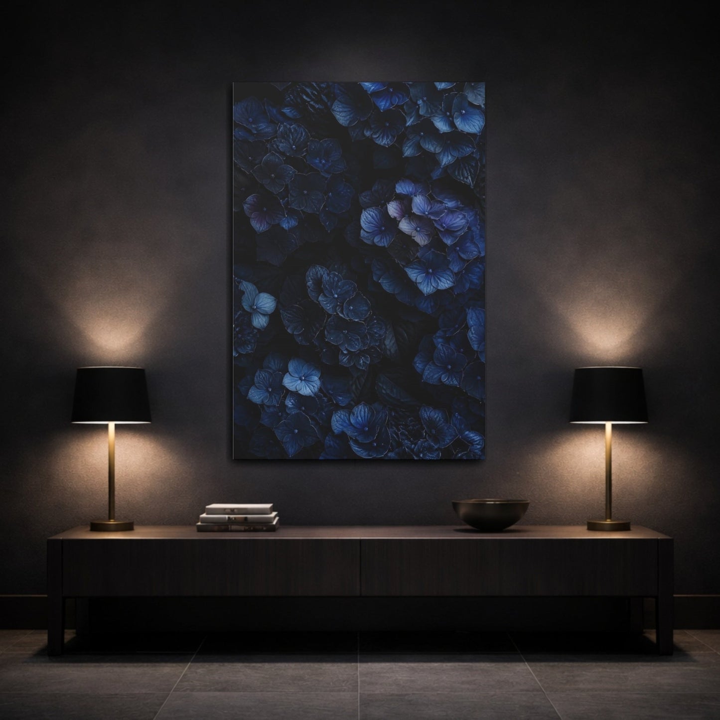 Floral Hydrangea Dark Blue Flowers Canvas Print Wall Art – Botanical Living Room, Large - YesArtYes