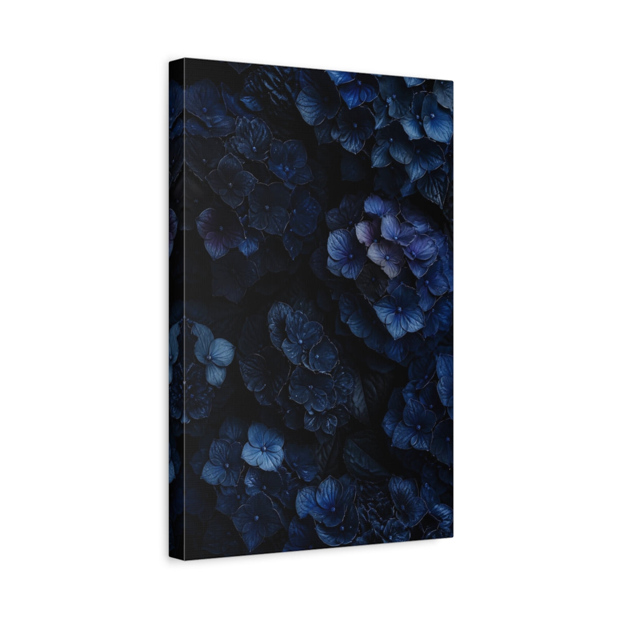 Side Mockup 4. Floral Hydrangea Dark Blue Flowers shown as canvas print