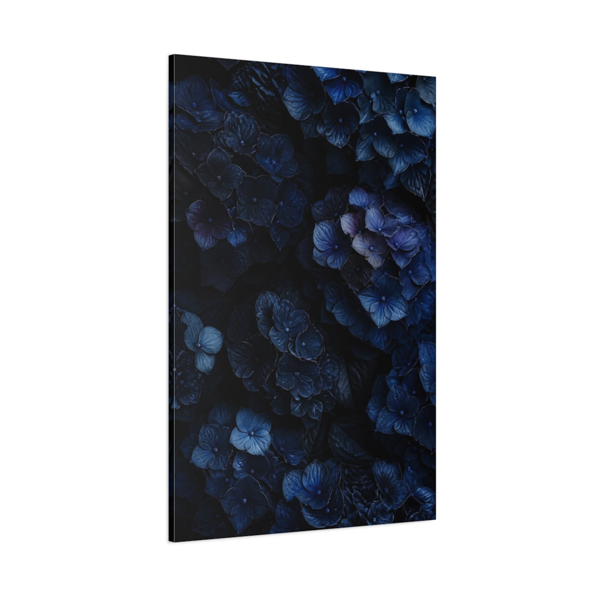 Side Mockup 1. Floral Hydrangea Dark Blue Flowers shown as canvas print