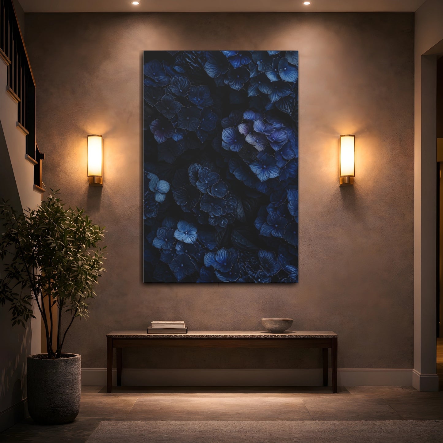 Mockup 2. Floral Hydrangea Dark Blue Flowers shown as canvas print