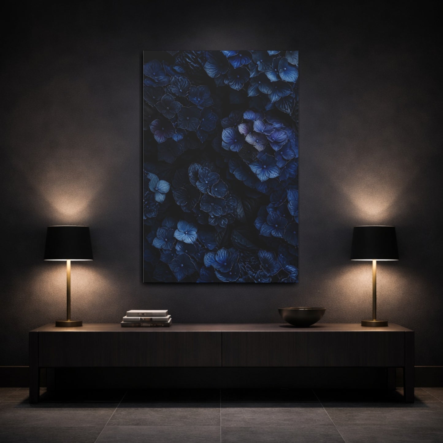 Mockup 3. Floral Hydrangea Dark Blue Flowers shown as canvas print