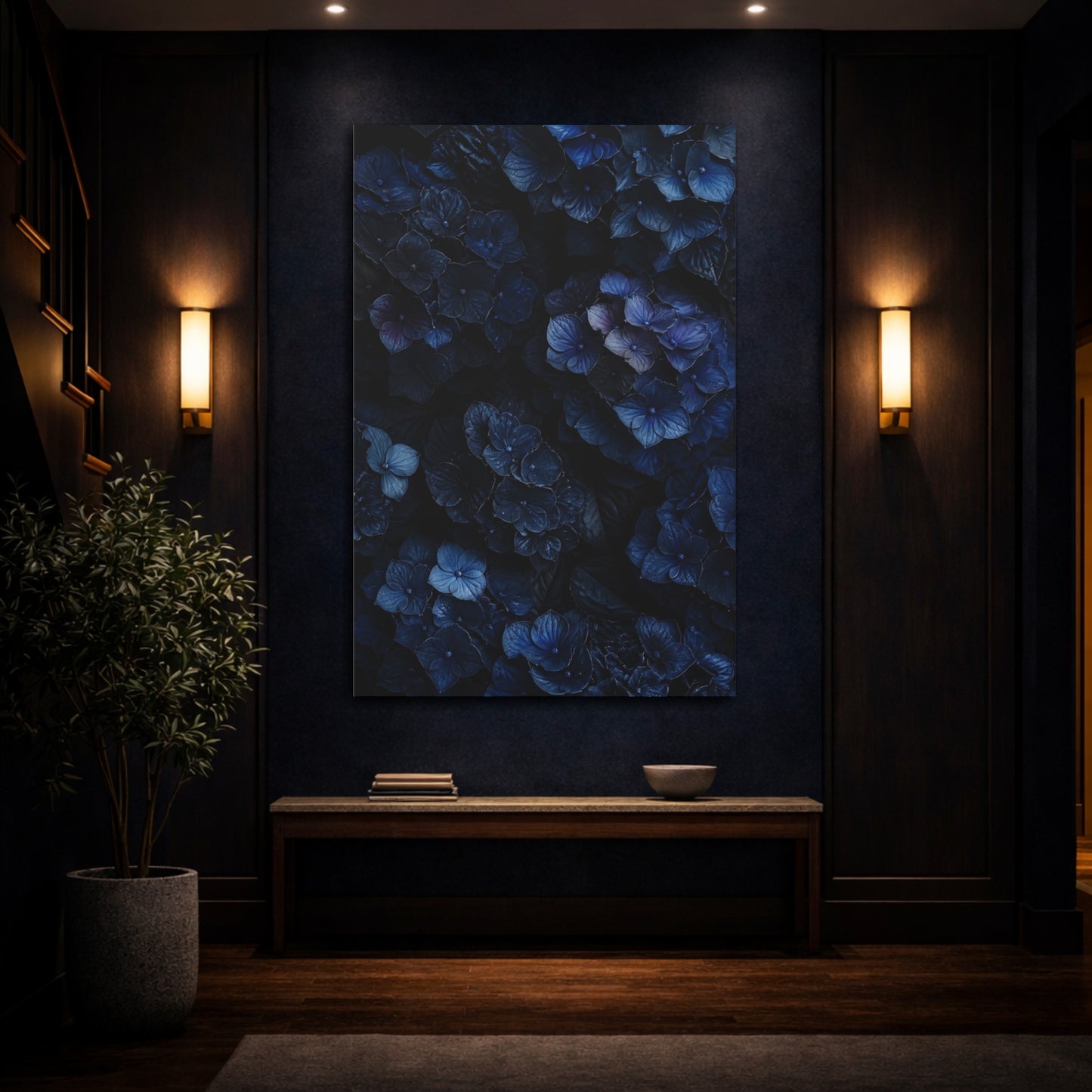 Mockup 4. Floral Hydrangea Dark Blue Flowers shown as canvas print