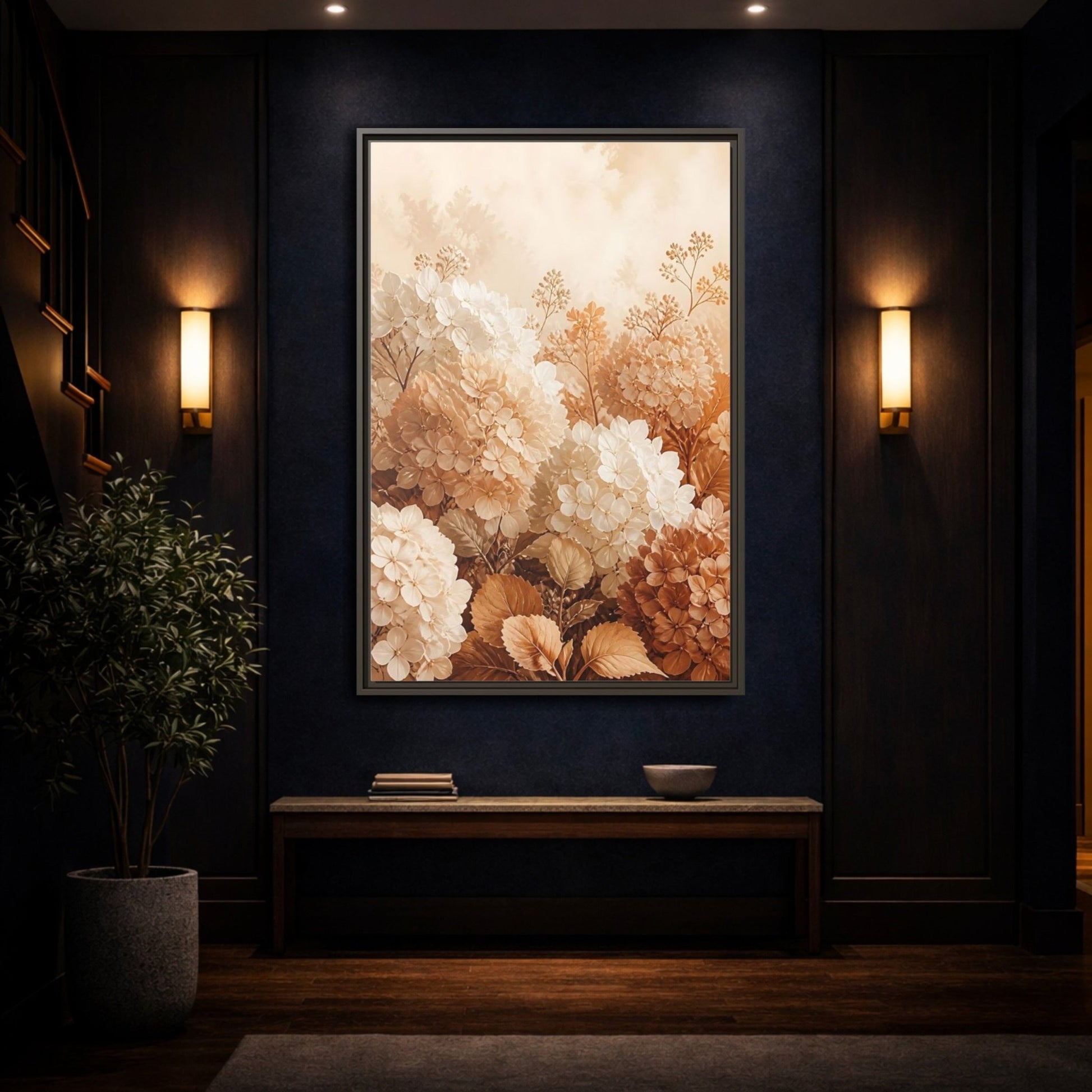 Floral Hydrangea Flowers Neutral Framed Canvas Print – Living Room, Above Console Table - YesArtYes