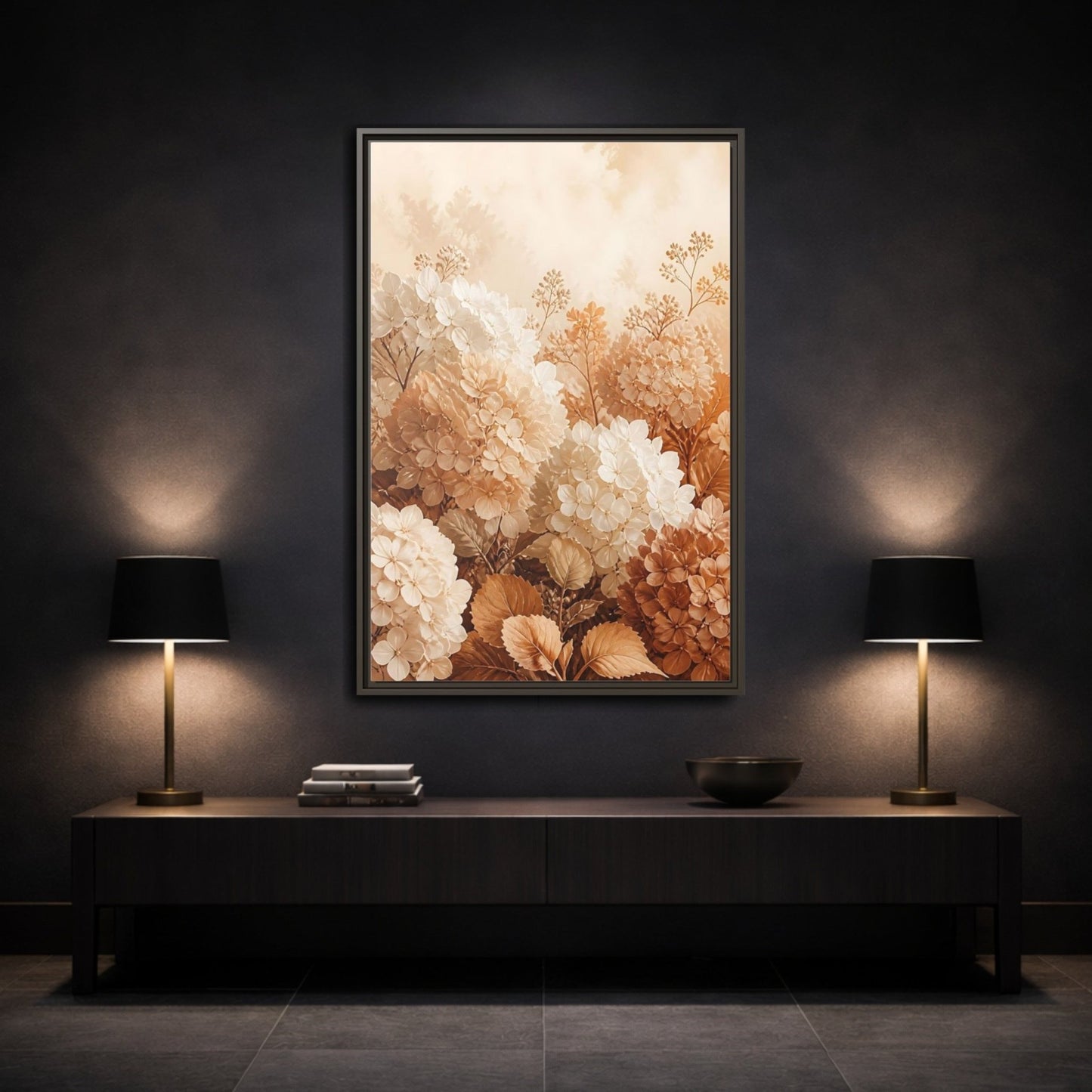 Floral Hydrangea Flowers Neutral Framed Canvas Print – Living Room, Above Console Table - YesArtYes