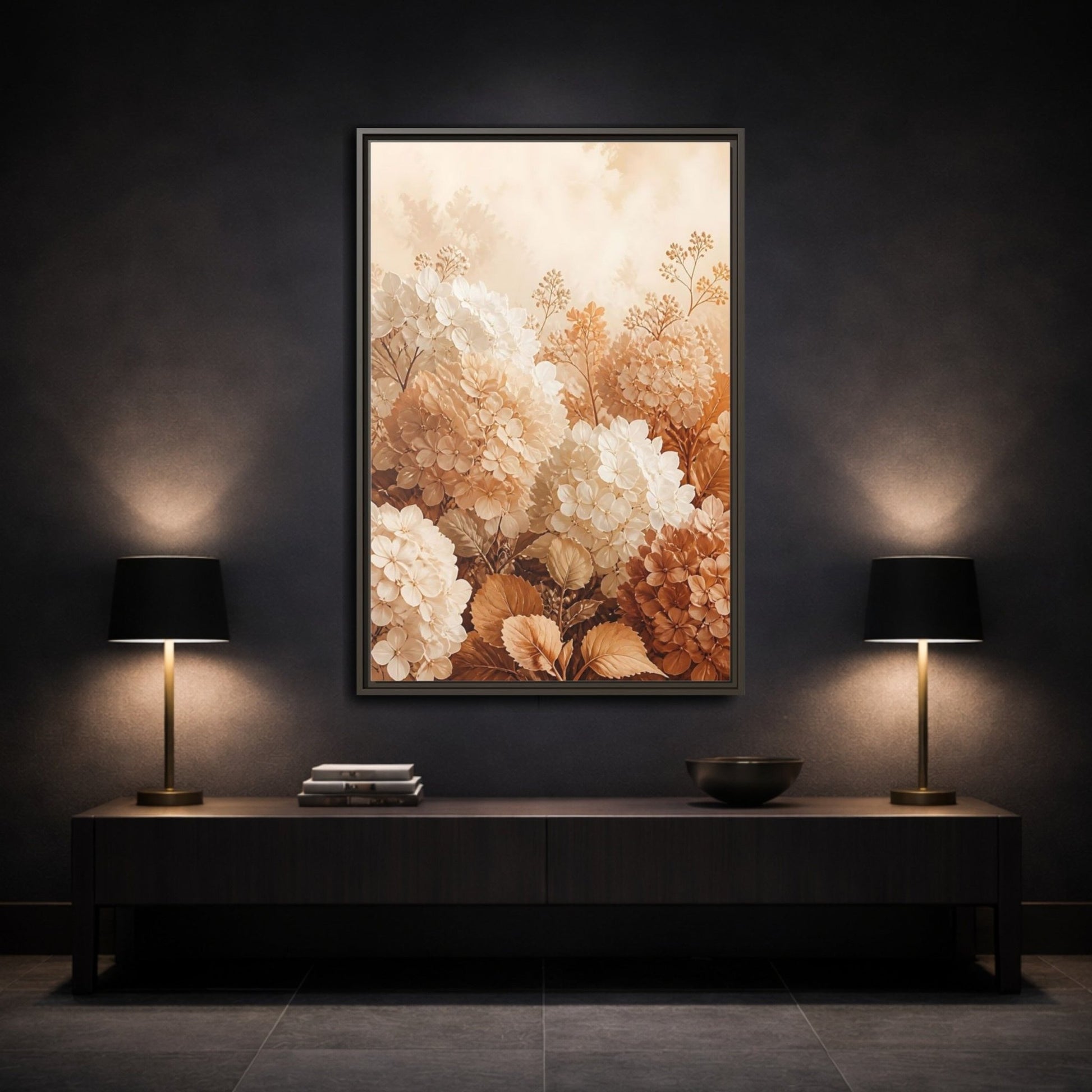 Floral Hydrangea Flowers Neutral Framed Canvas Print – Living Room, Above Console Table - YesArtYes