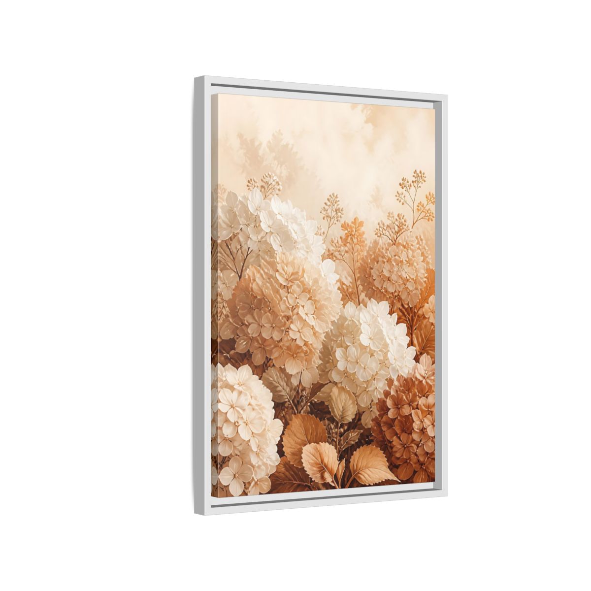 Side Mockup 1. Floral Hydrangea Flowers Neutral Hydrangea shown as framed canvas print
