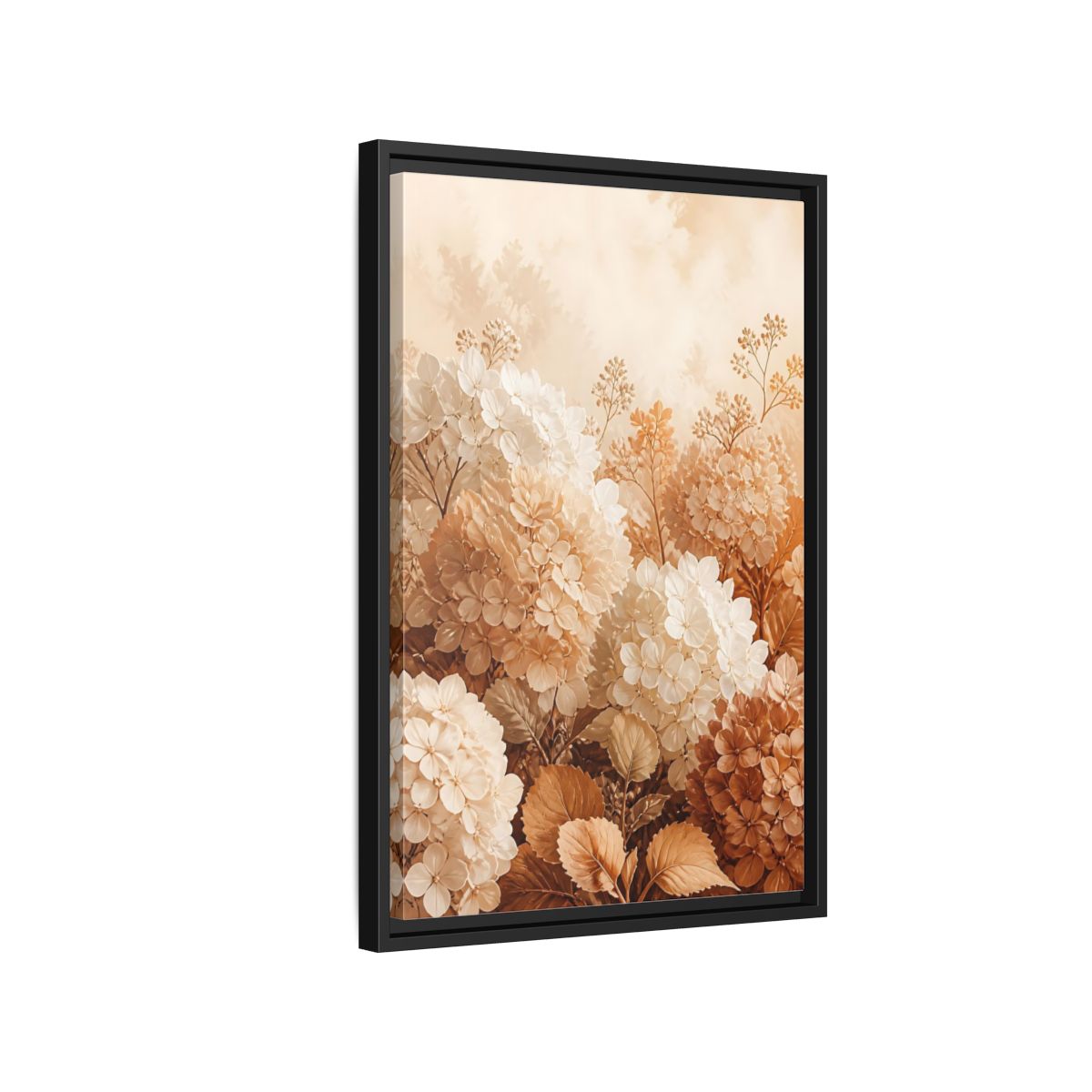 Side Mockup 3. Floral Hydrangea Flowers Neutral Hydrangea shown as framed canvas print