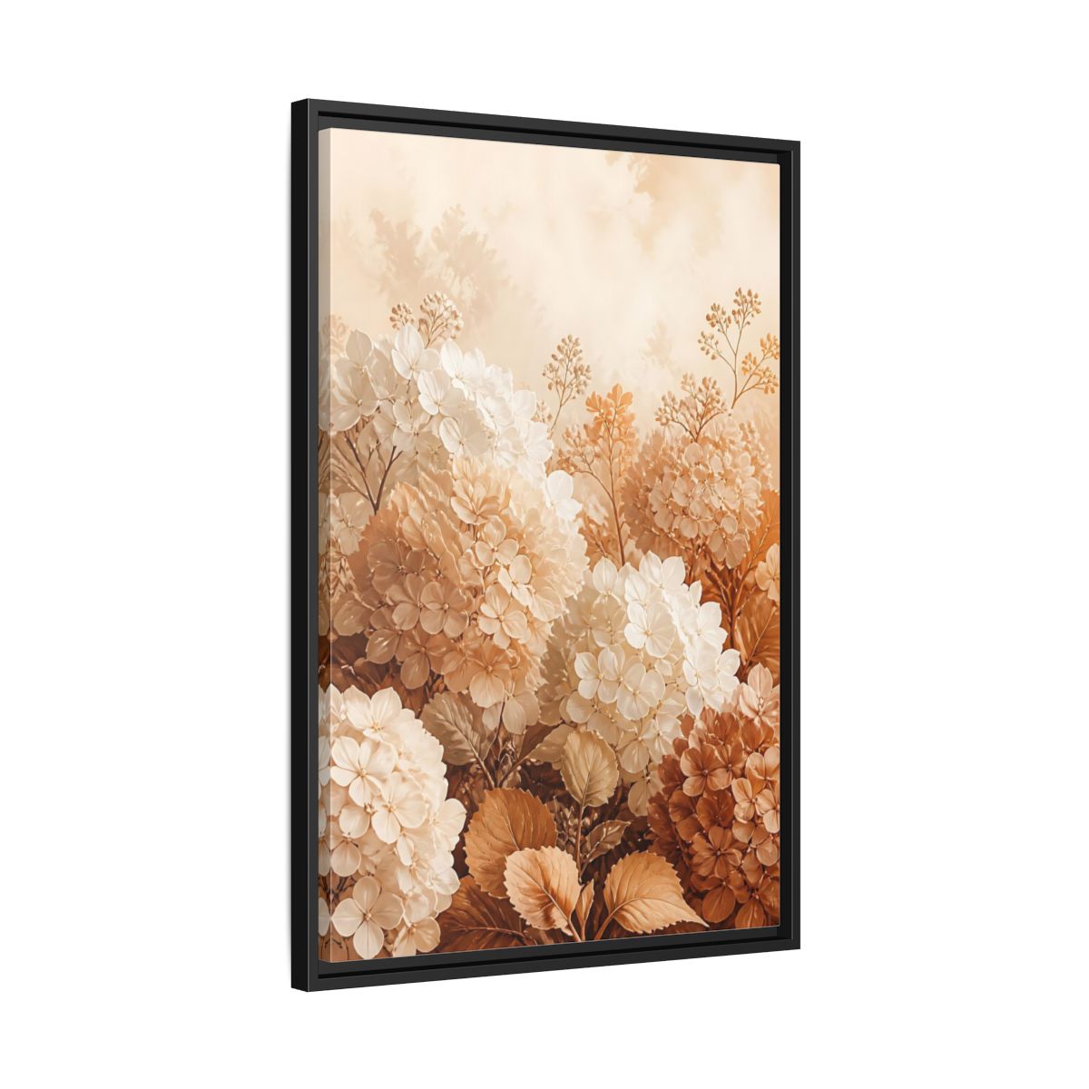Side Mockup 14. Floral Hydrangea Flowers Neutral Hydrangea shown as framed canvas print