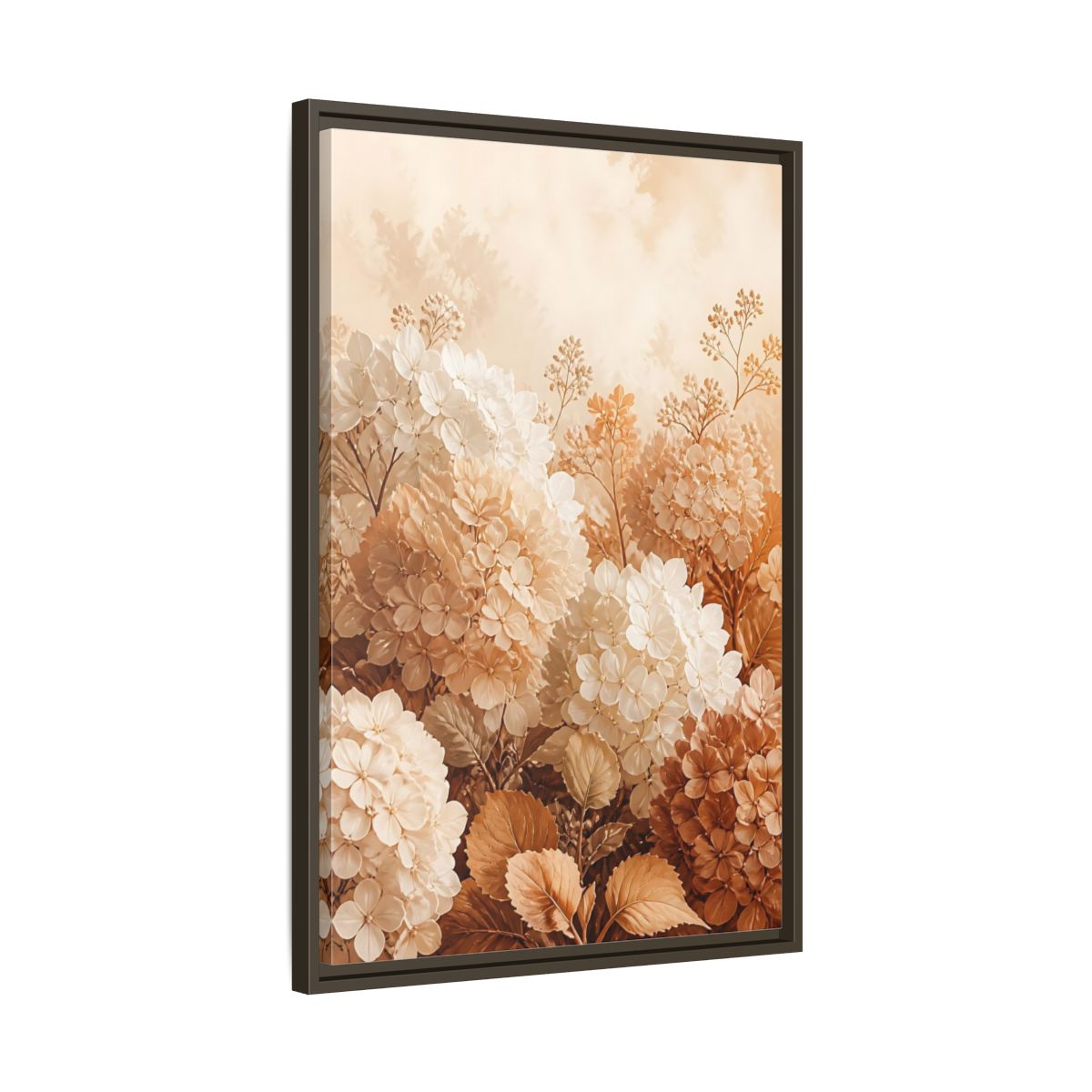 Side Mockup 11. Floral Hydrangea Flowers Neutral Hydrangea shown as framed canvas print