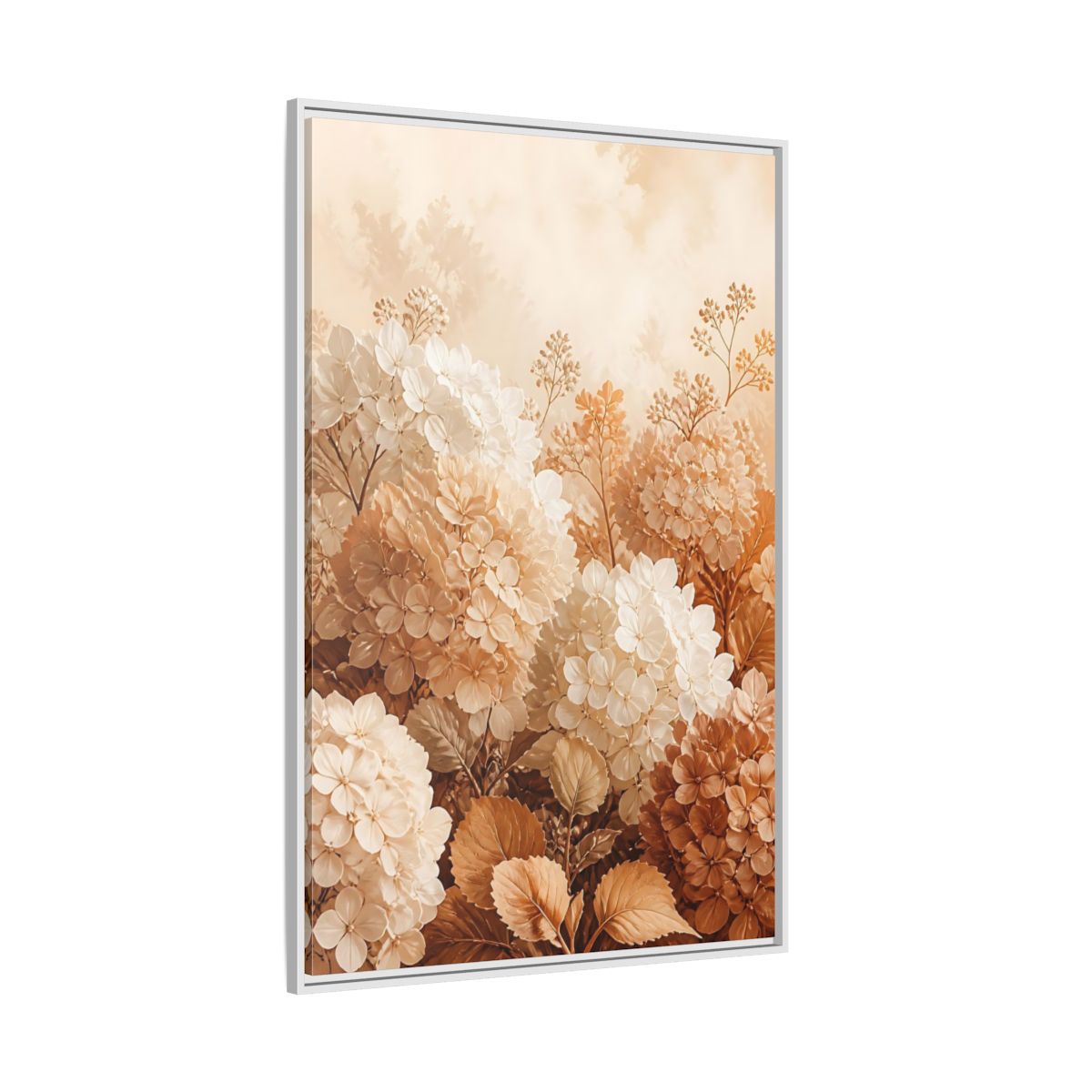 Side Mockup 7. Floral Hydrangea Flowers Neutral Hydrangea shown as framed canvas print
