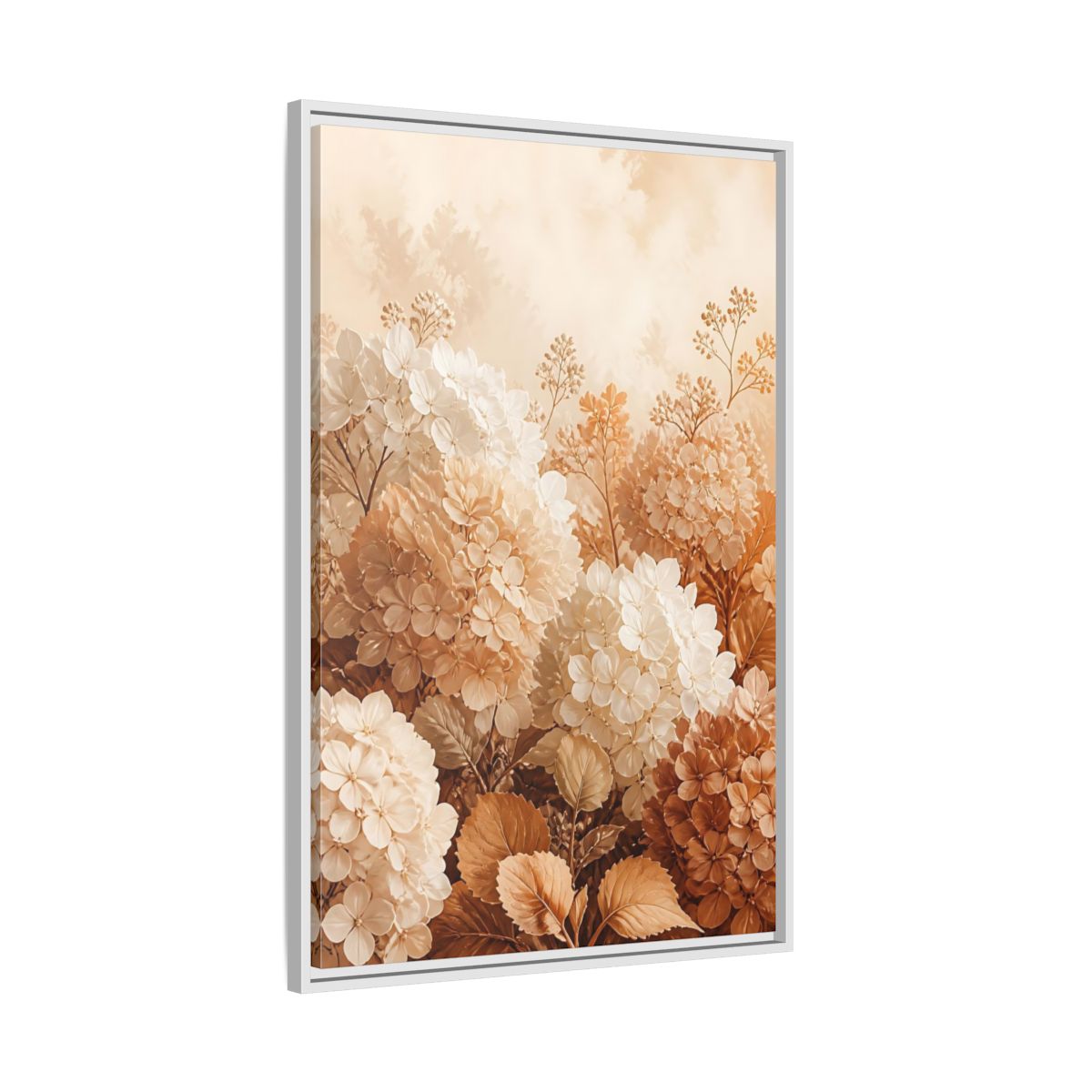 Side Mockup 9. Floral Hydrangea Flowers Neutral Hydrangea shown as framed canvas print