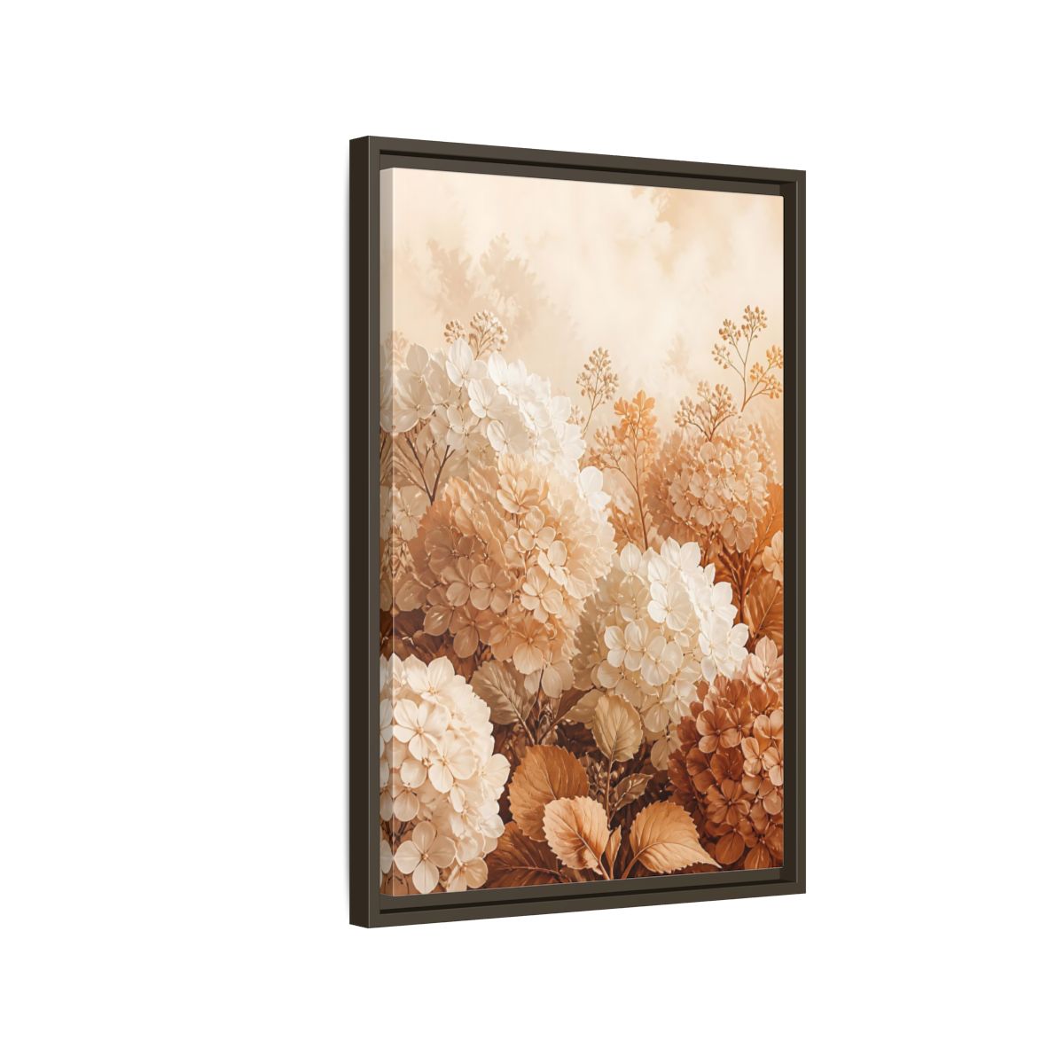 Side Mockup 2. Floral Hydrangea Flowers Neutral Hydrangea shown as framed canvas print