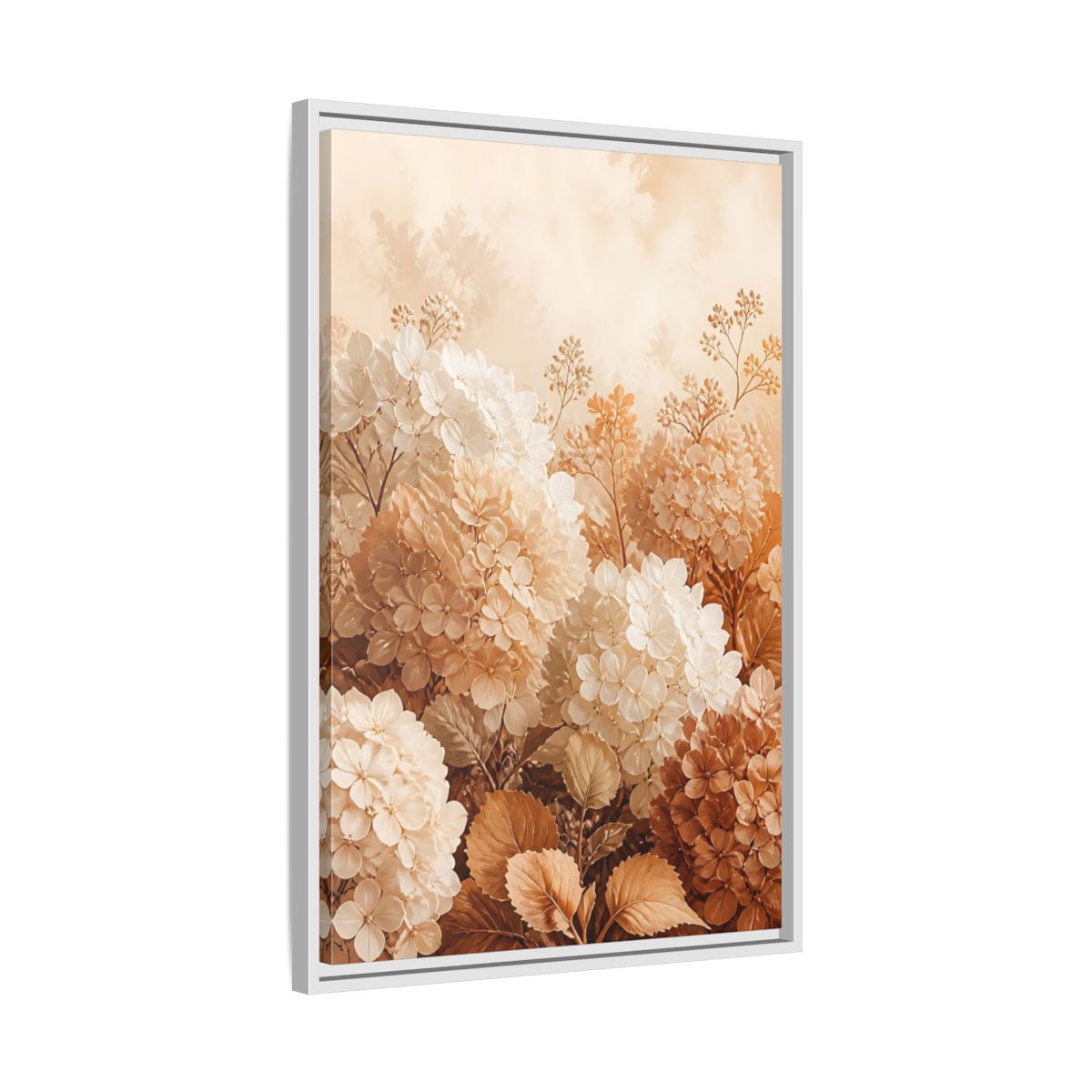 Side Mockup 10. Floral Hydrangea Flowers Neutral Hydrangea shown as framed canvas print