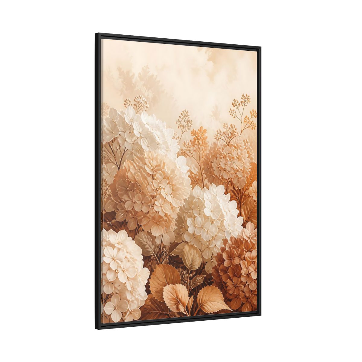 Side Mockup 12. Floral Hydrangea Flowers Neutral Hydrangea shown as framed canvas print