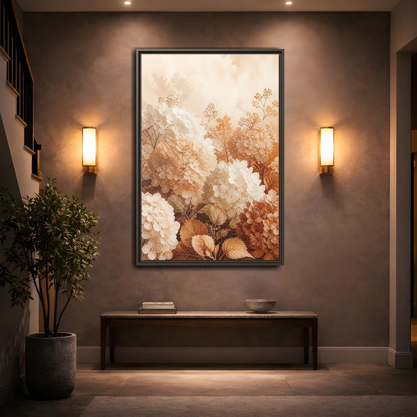 Mockup 2. Floral Hydrangea Flowers Neutral Hydrangea shown as framed canvas print