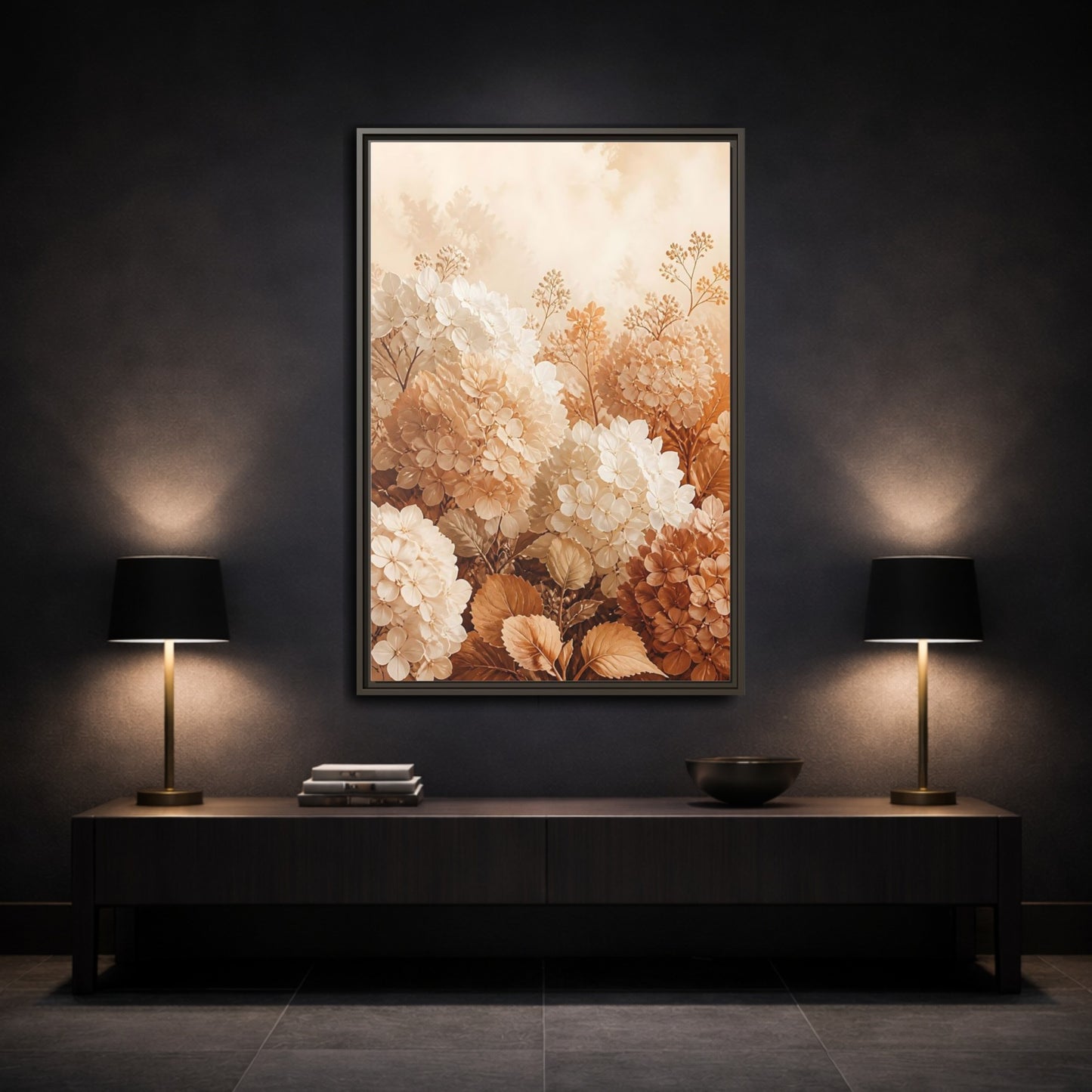 Mockup 3. Floral Hydrangea Flowers Neutral Hydrangea shown as framed canvas print