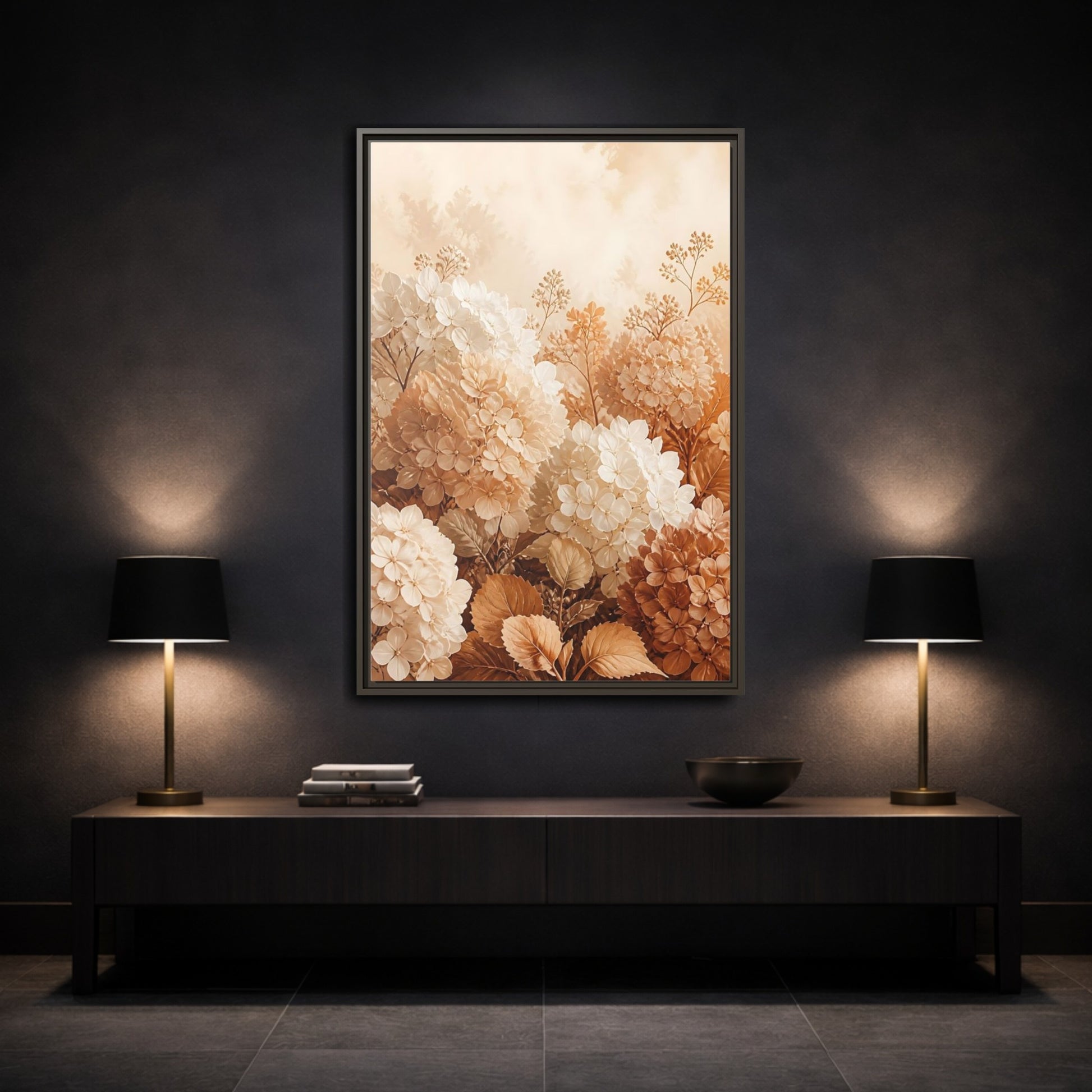 Mockup 3. Floral Hydrangea Flowers Neutral Hydrangea shown as framed canvas print
