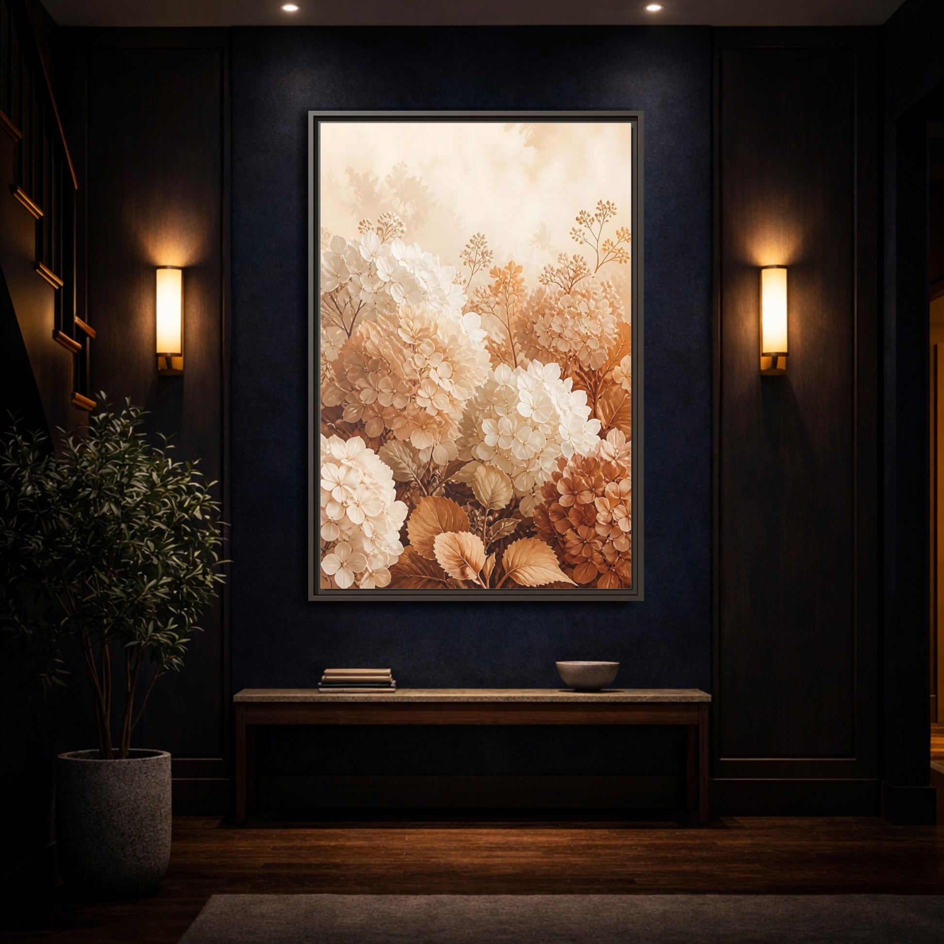Mockup 4. Floral Hydrangea Flowers Neutral Hydrangea shown as framed canvas print
