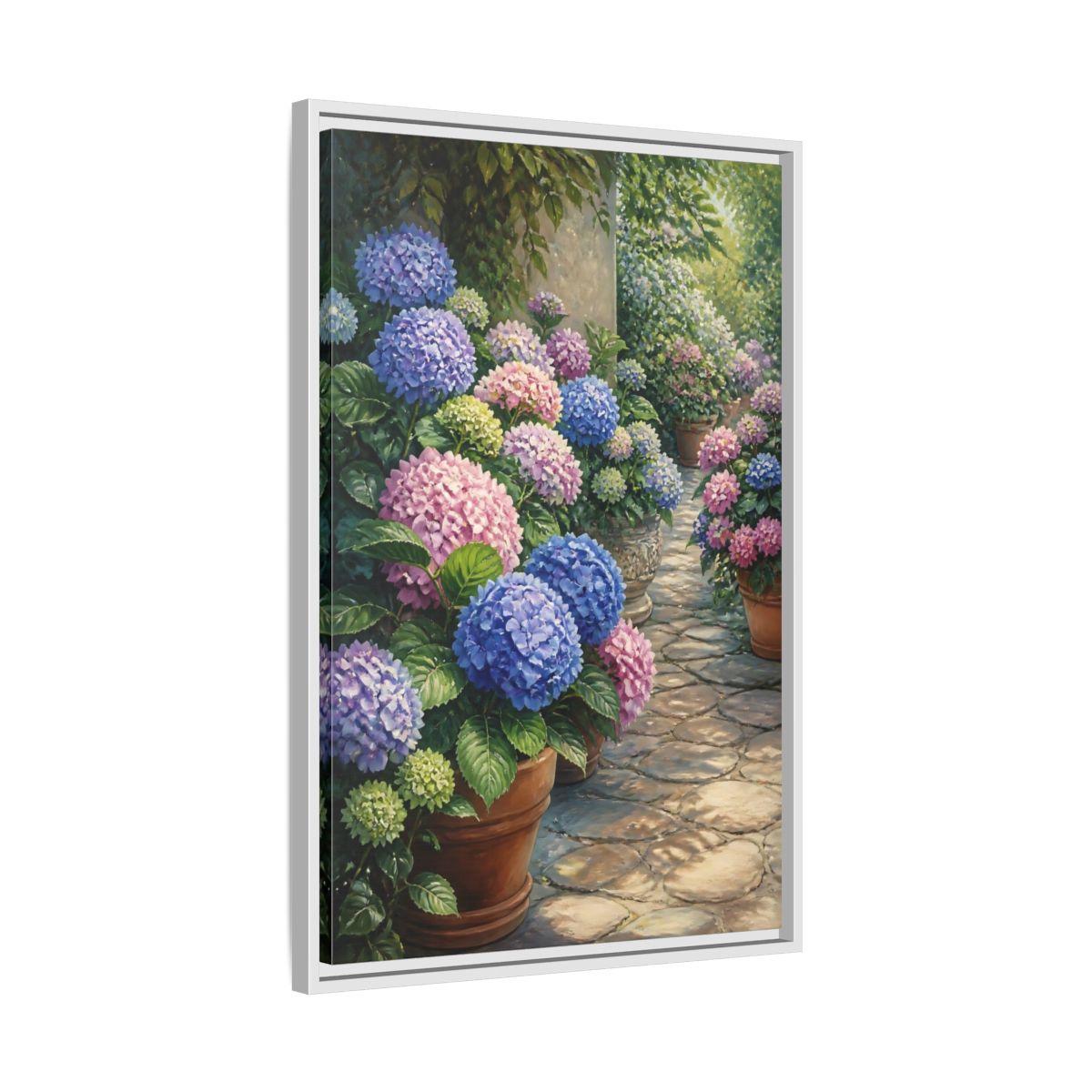 Side Mockup 10. Floral Hydrangea Garden Path shown as framed canvas print