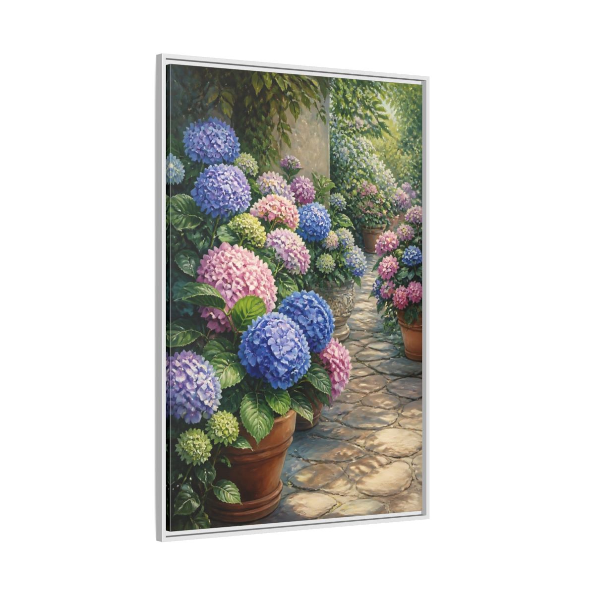 Side Mockup 7. Floral Hydrangea Garden Path shown as framed canvas print
