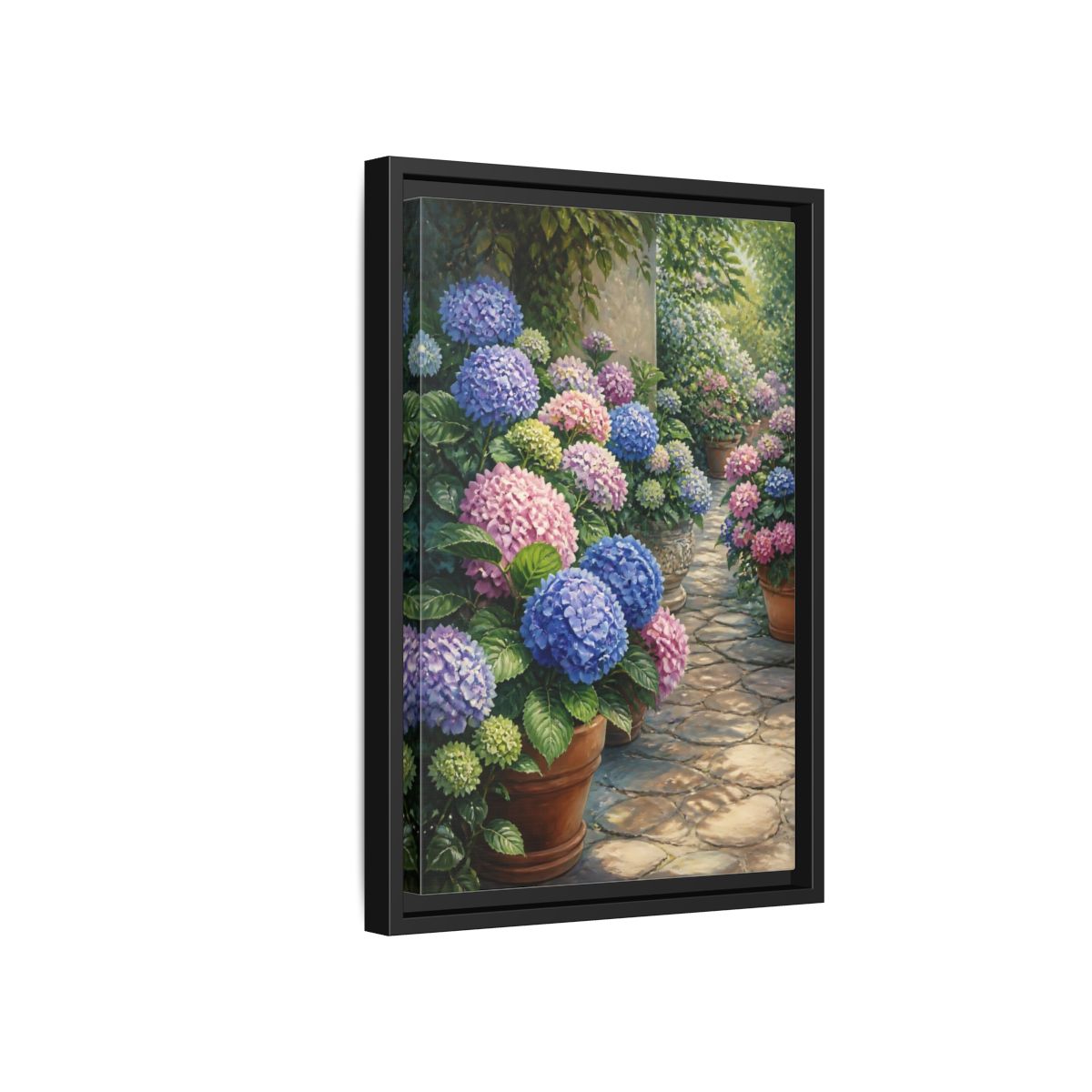 Side Mockup 6. Floral Hydrangea Garden Path shown as framed canvas print