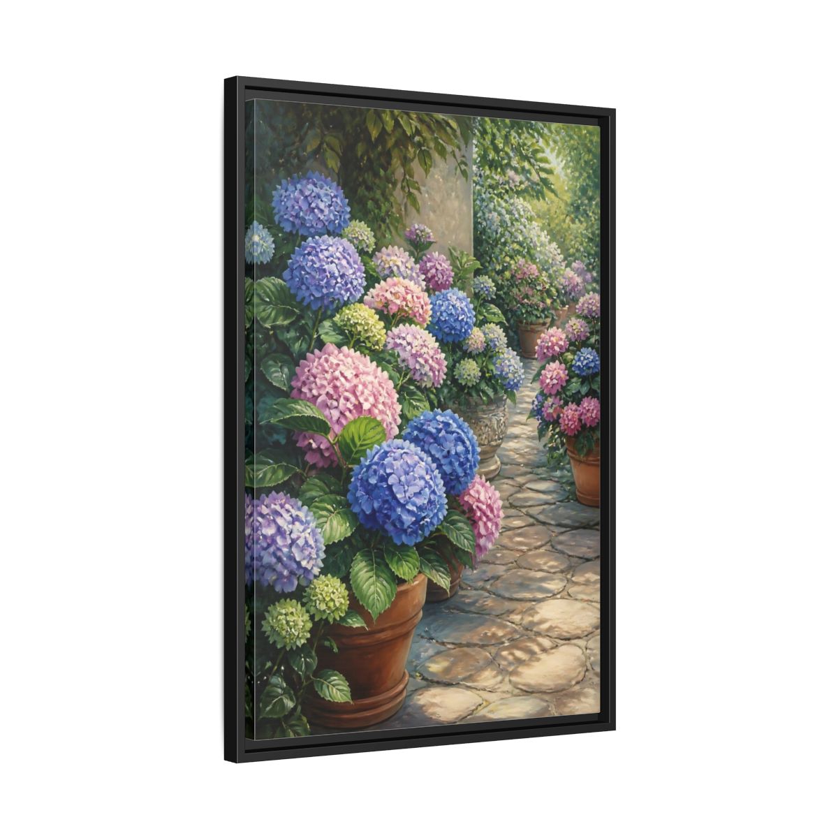Side Mockup 14. Floral Hydrangea Garden Path shown as framed canvas print