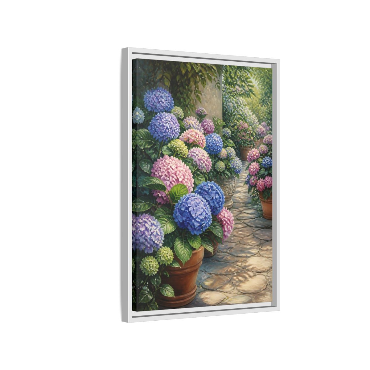 Side Mockup 1. Floral Hydrangea Garden Path shown as framed canvas print