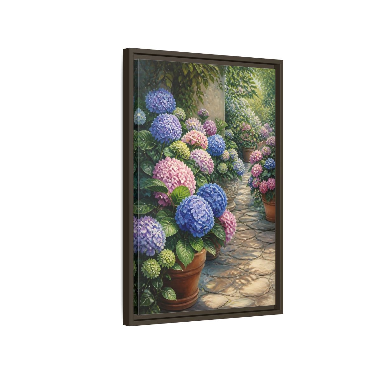 Side Mockup 2. Floral Hydrangea Garden Path shown as framed canvas print